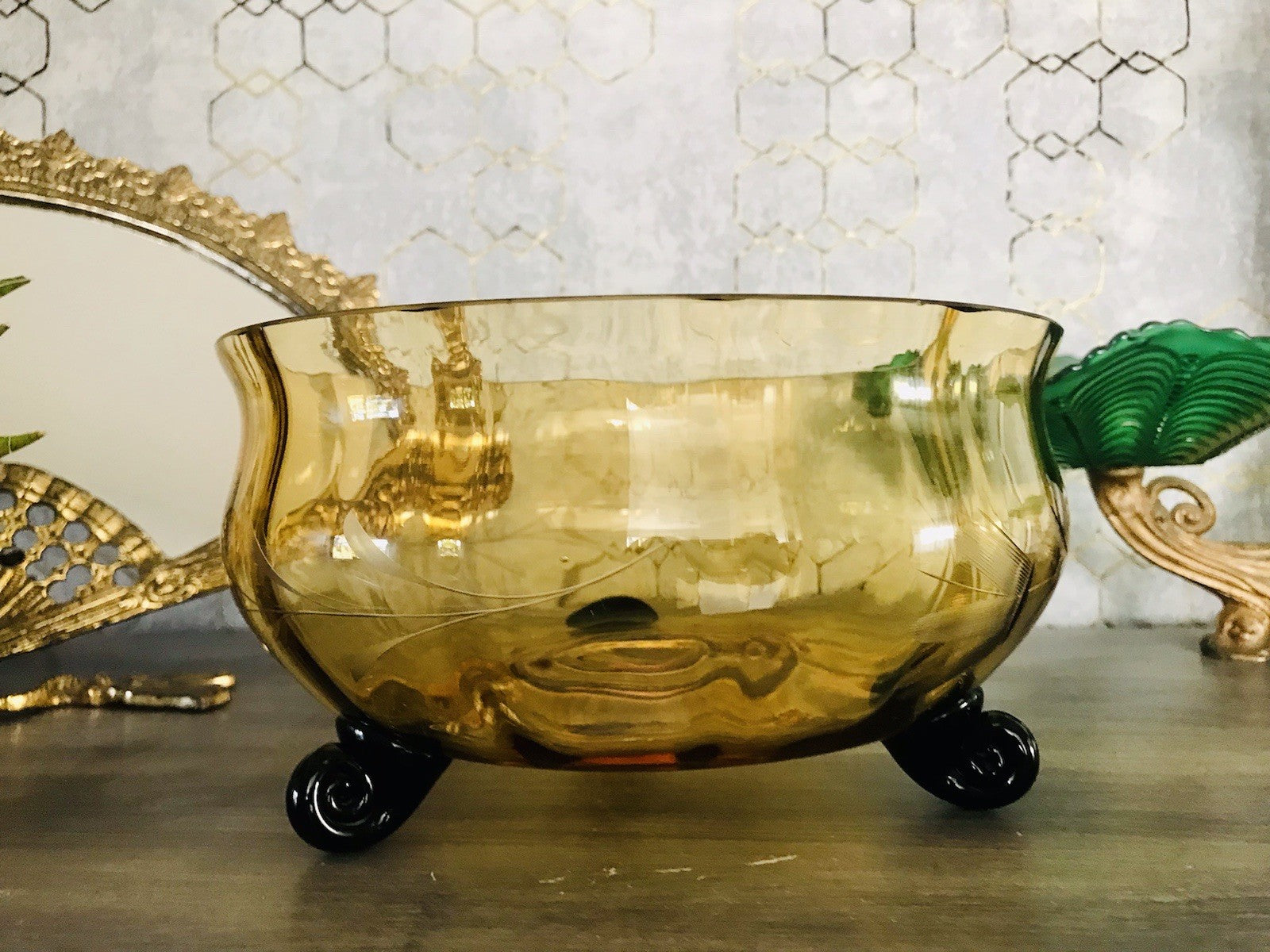Antik Art Déco Schale Glasschale Bernstein Gelb schwarz Glas gerippt & Schliff