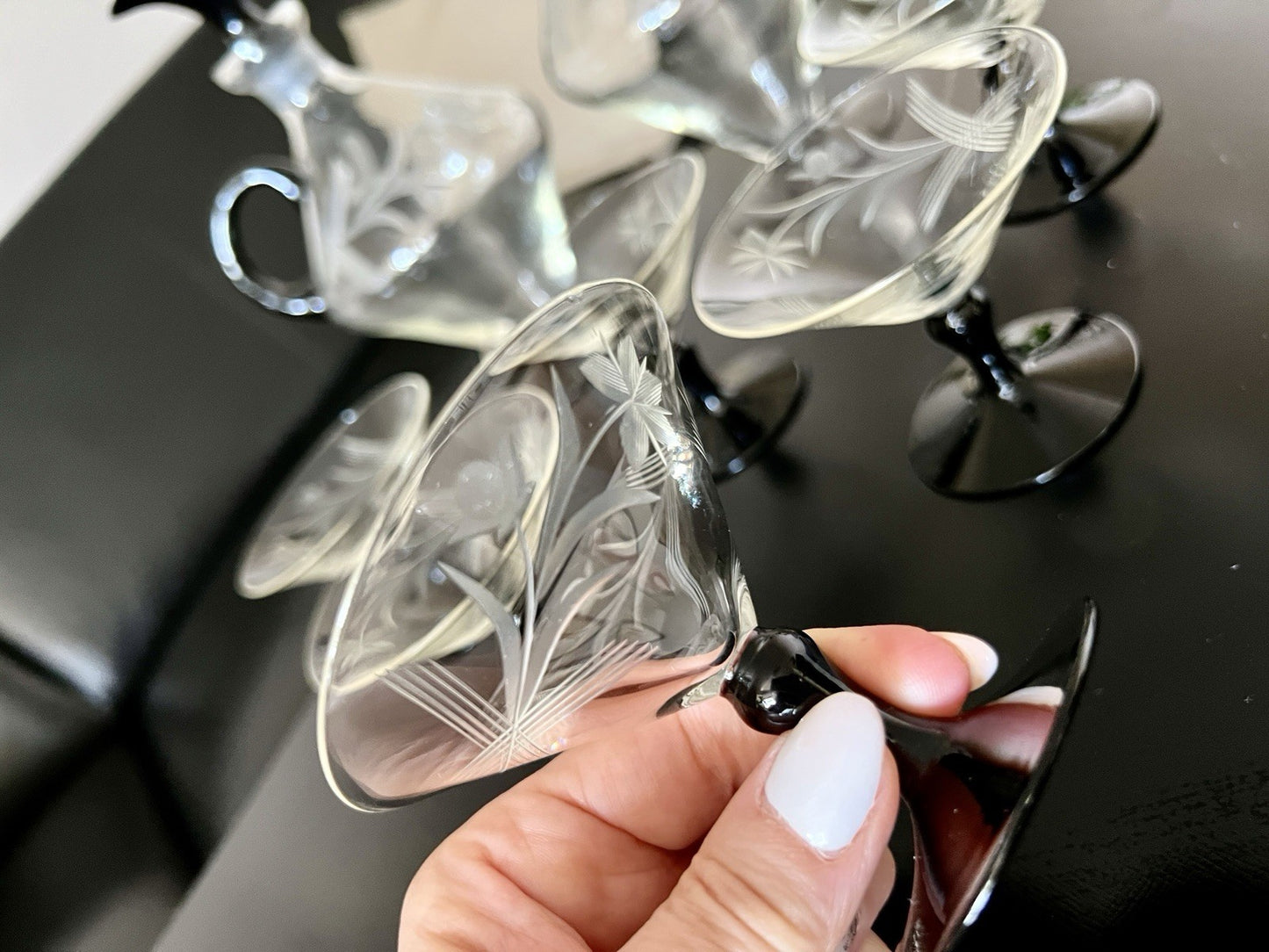 Antik Art Déco Likör 2x Karaffe & 6 Gläser Likörschalen Glas schwarz Stiel