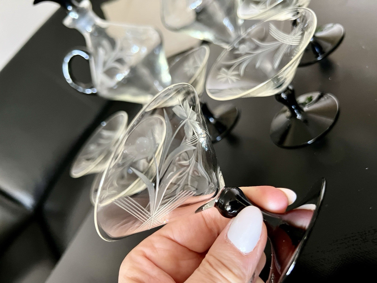 Antik Art Déco Likör 2x Karaffe & 6 Gläser Likörschalen Glas schwarz Stiel