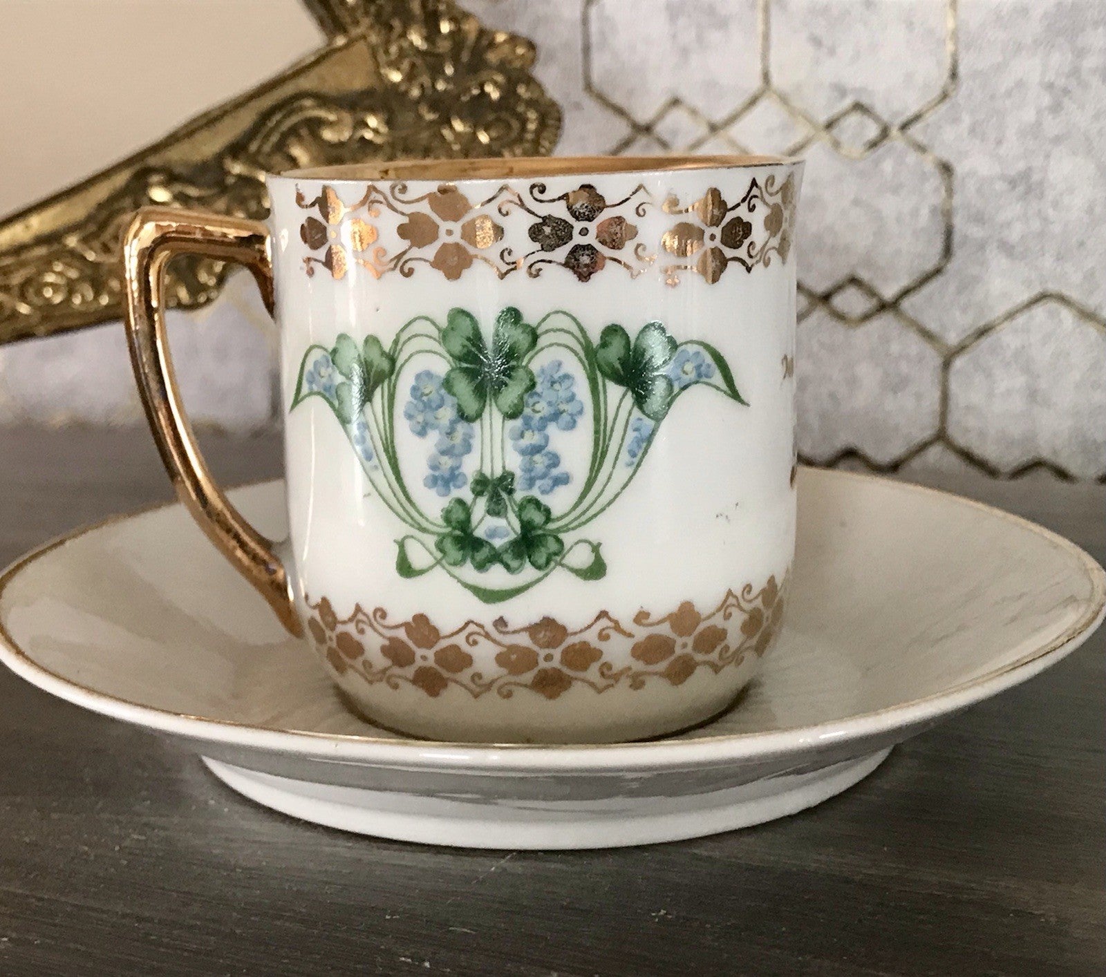 Antik Jugendstil Porzellan Andenken Gedeck Sammeltasse Tasse Geburtstag Spruch