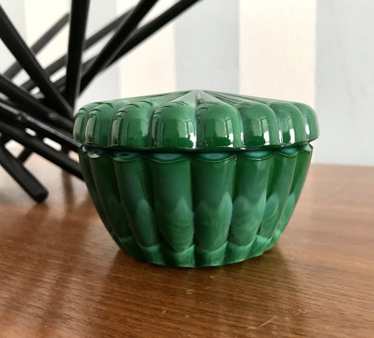 Antik Art Déco Glas Glasdose Deckeldose Glas Malachitglas Böhmen