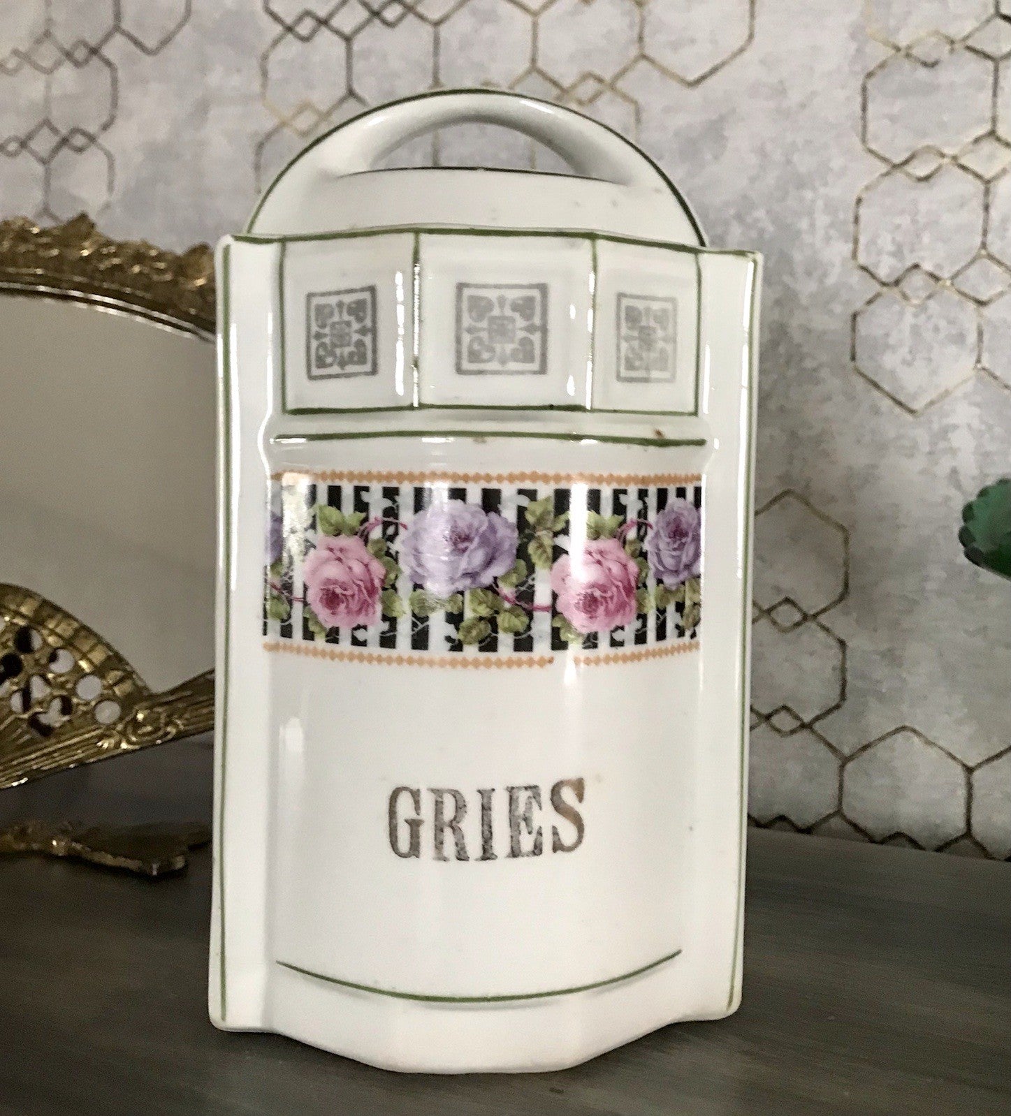 Antik Porzellan Dose Vorratsgefäß Vorratsdose Gries Rosen Jugendstil Art Déco