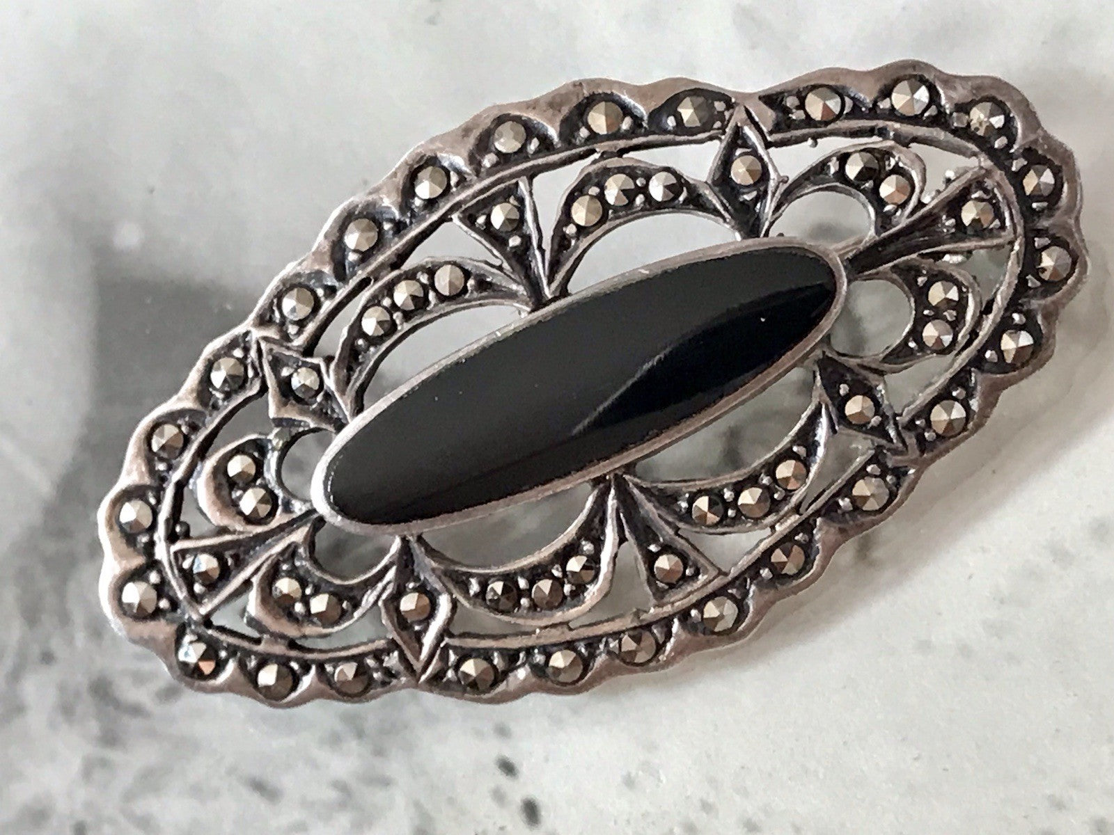 Antik Art Déco Edel Silber 925er Markasiten Onyx Edel Brosche