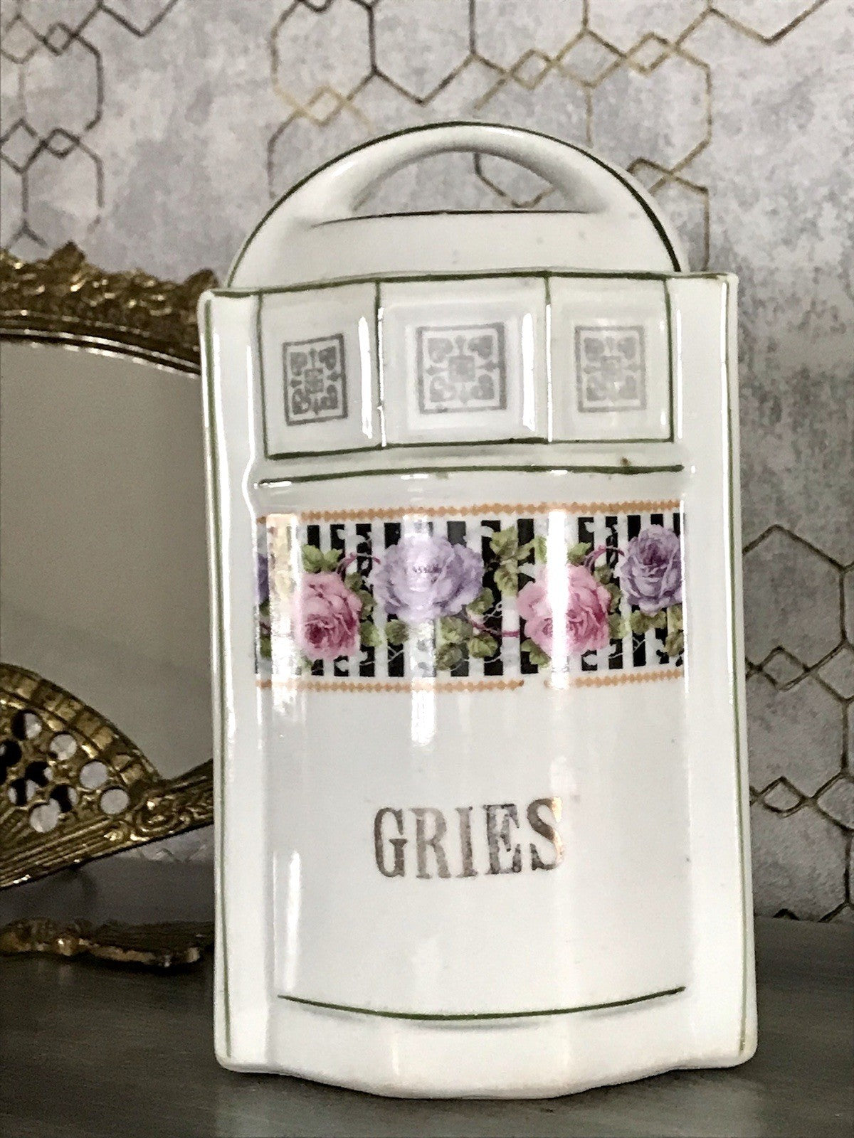 Antik Porzellan Dose Vorratsgefäß Vorratsdose Gries Rosen Jugendstil Art Déco
