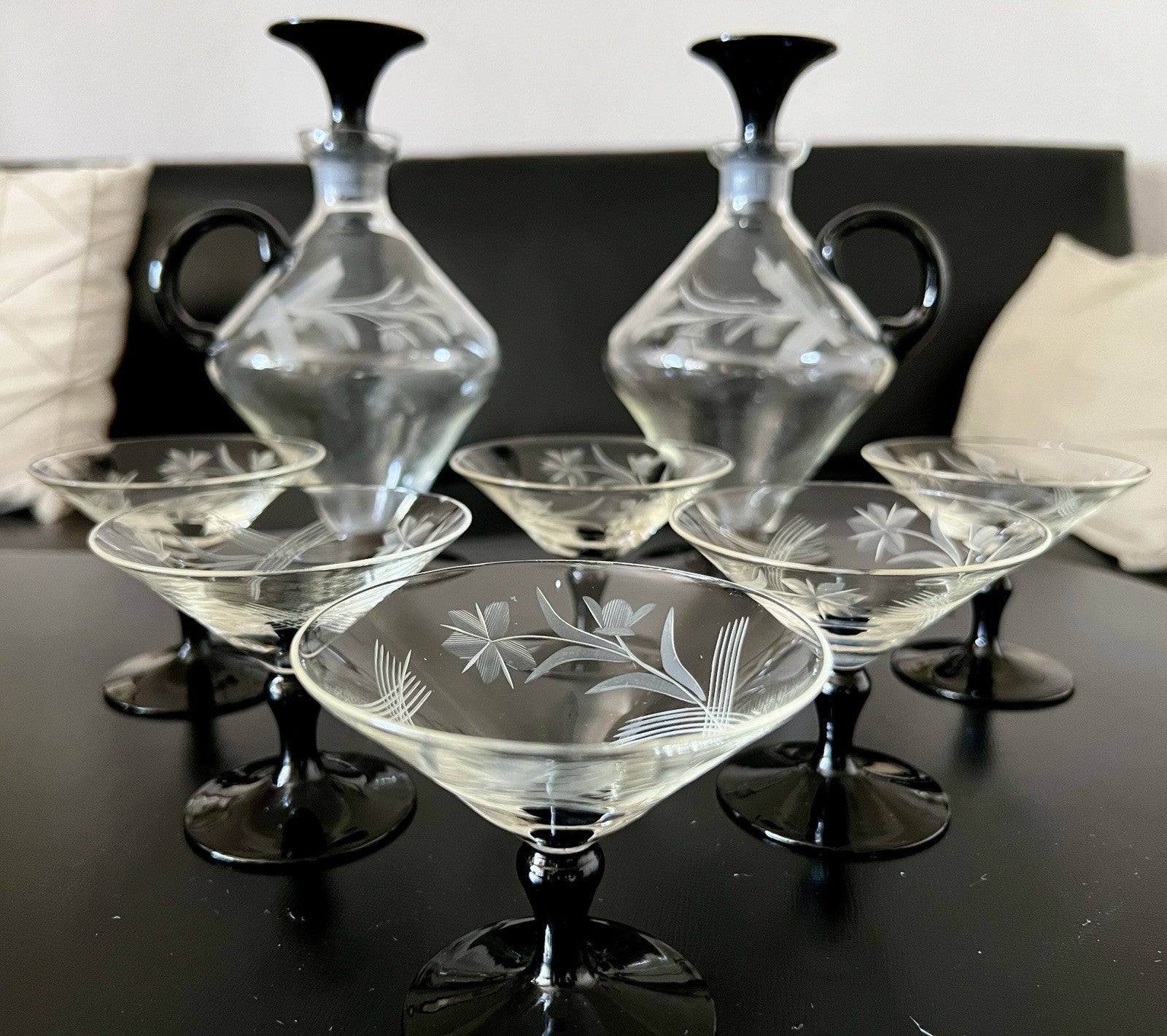 Antik Art Déco Likör 2x Karaffe & 6 Gläser Likörschalen Glas schwarz Stiel