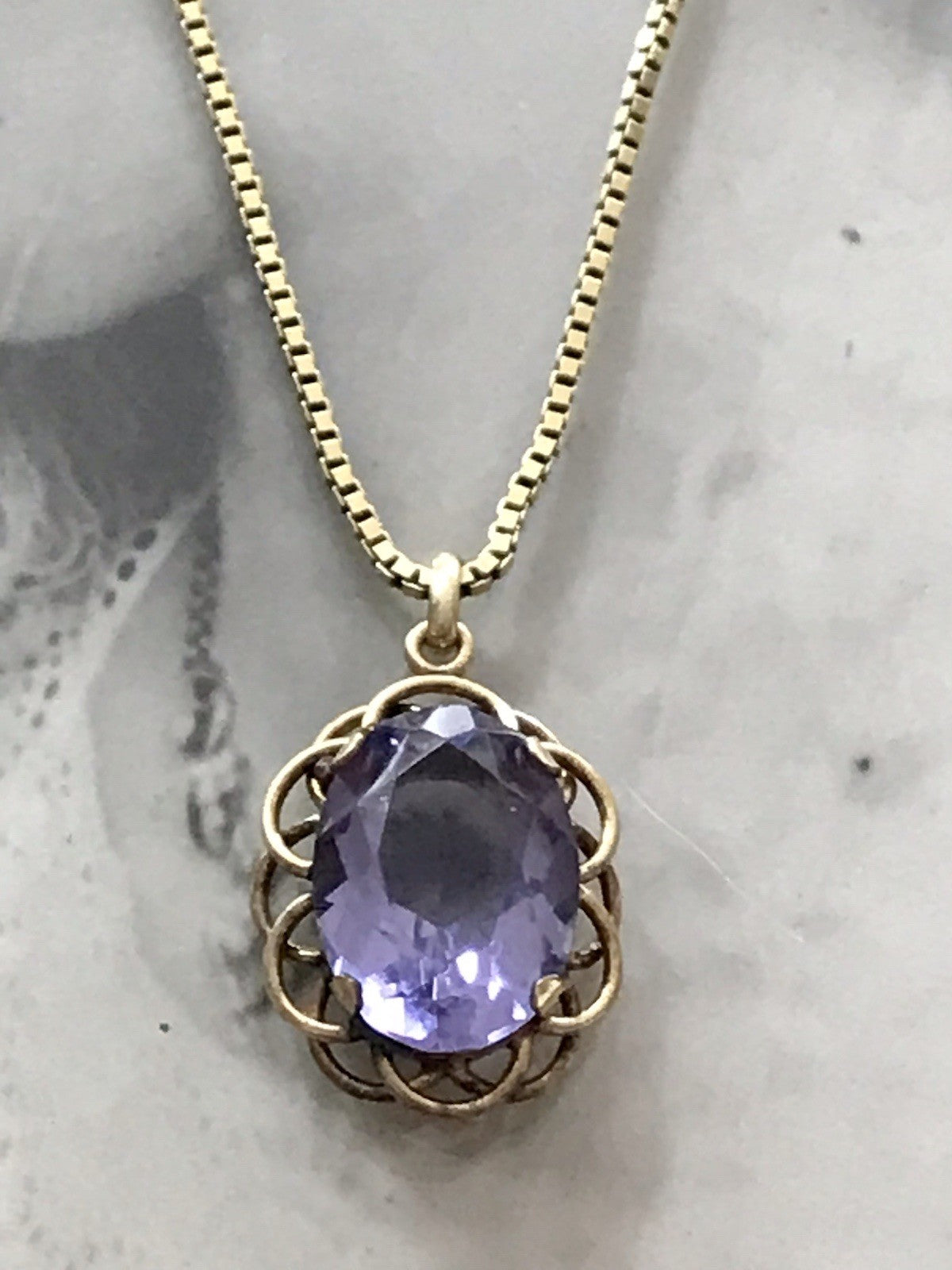 Alt Vintage Edel Kette & Anhänger lila Stein Amethyst? vergoldet Amerik. Doublè