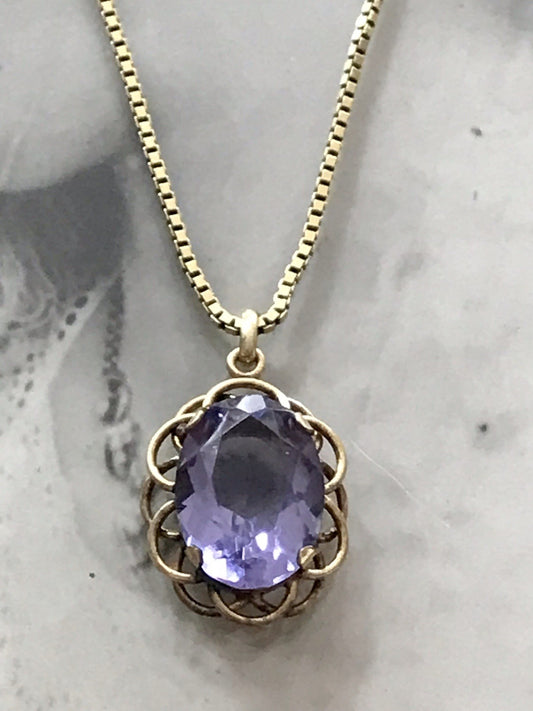 Alt Vintage Edel Kette & Anhänger lila Stein Amethyst? vergoldet Amerik. Doublè