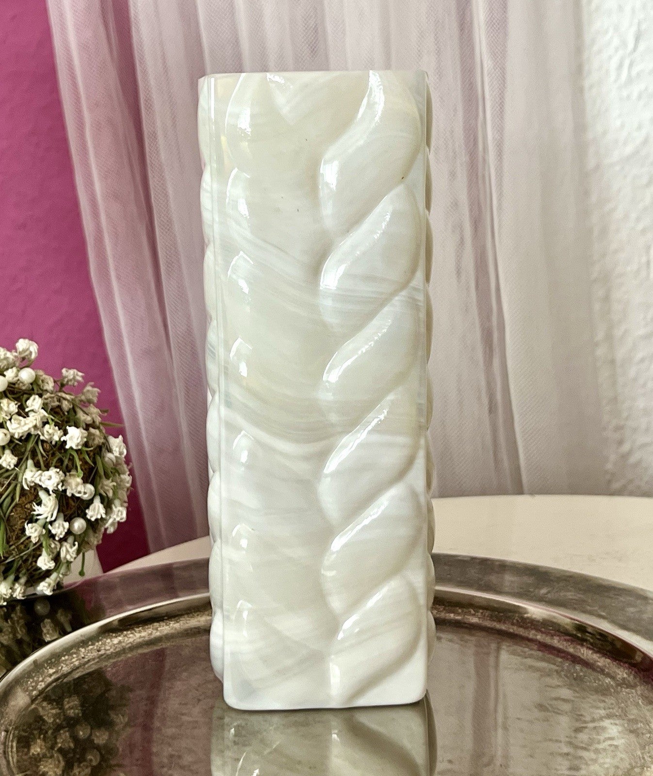 Vintage 60er Jahre MCM Glasvase Vase Glas Design Zopfmuster Blockvase weiß