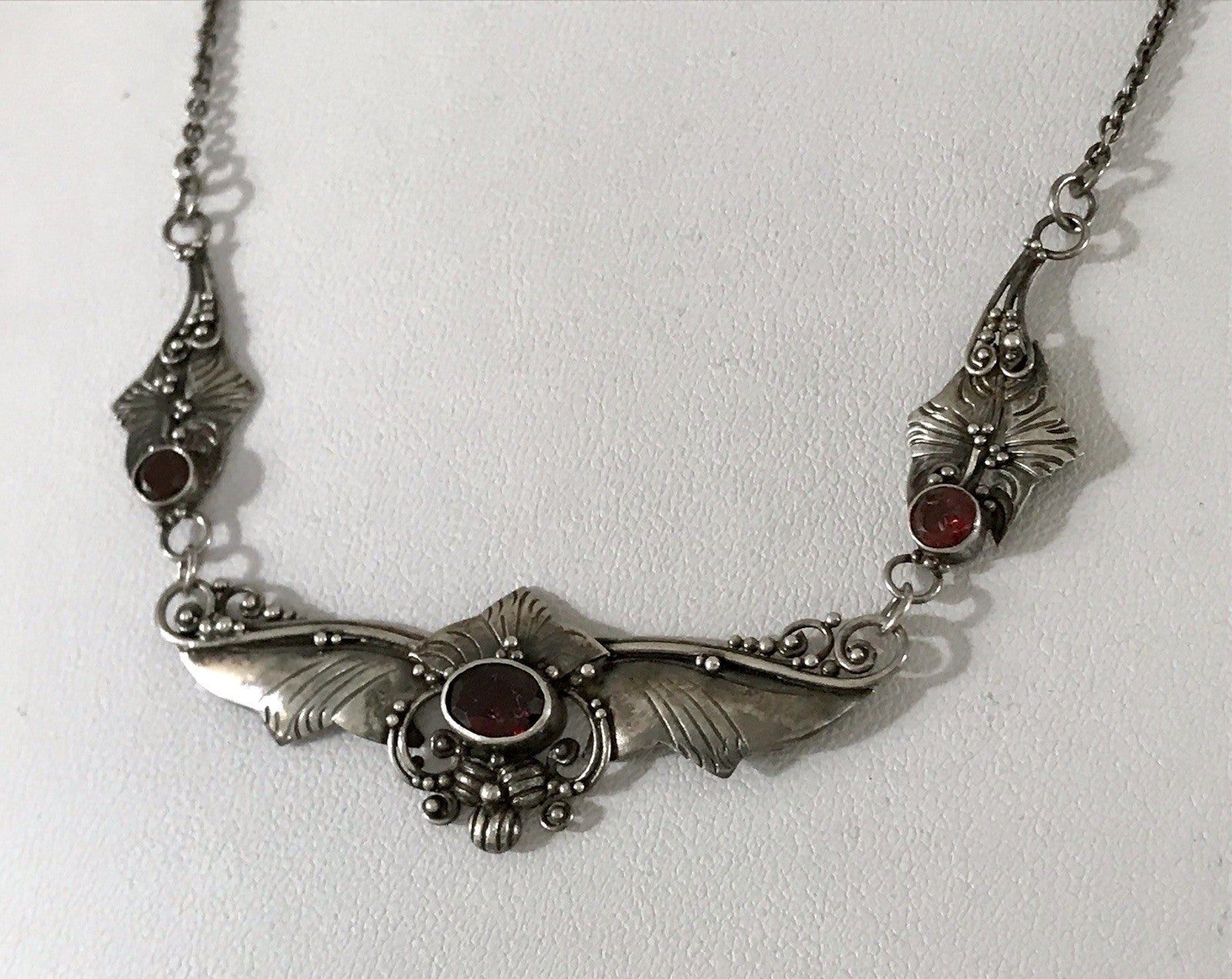 Antik 925 Sterling Silber Collier Halskette Kette rote Steine Granate?
