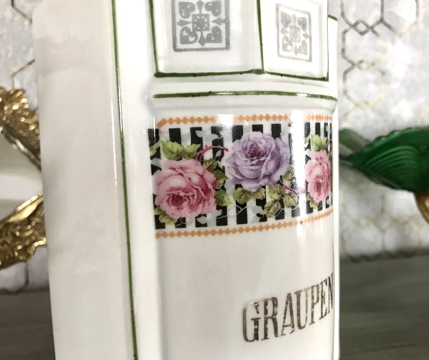 Antik Porzellan Dose Vorratsgefäß Vorratsdose Graupen Rosen Jugendstil Art Déco