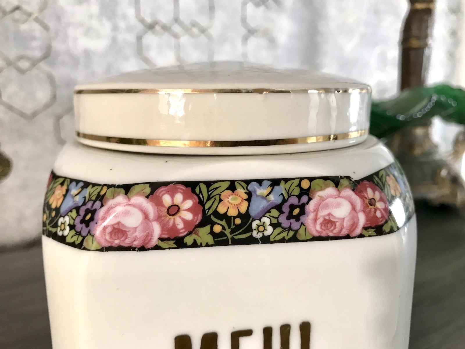 Antik Porzellan Dose Vorratsgefäß Vorratsdose Mehl Blumenborte Art Déco