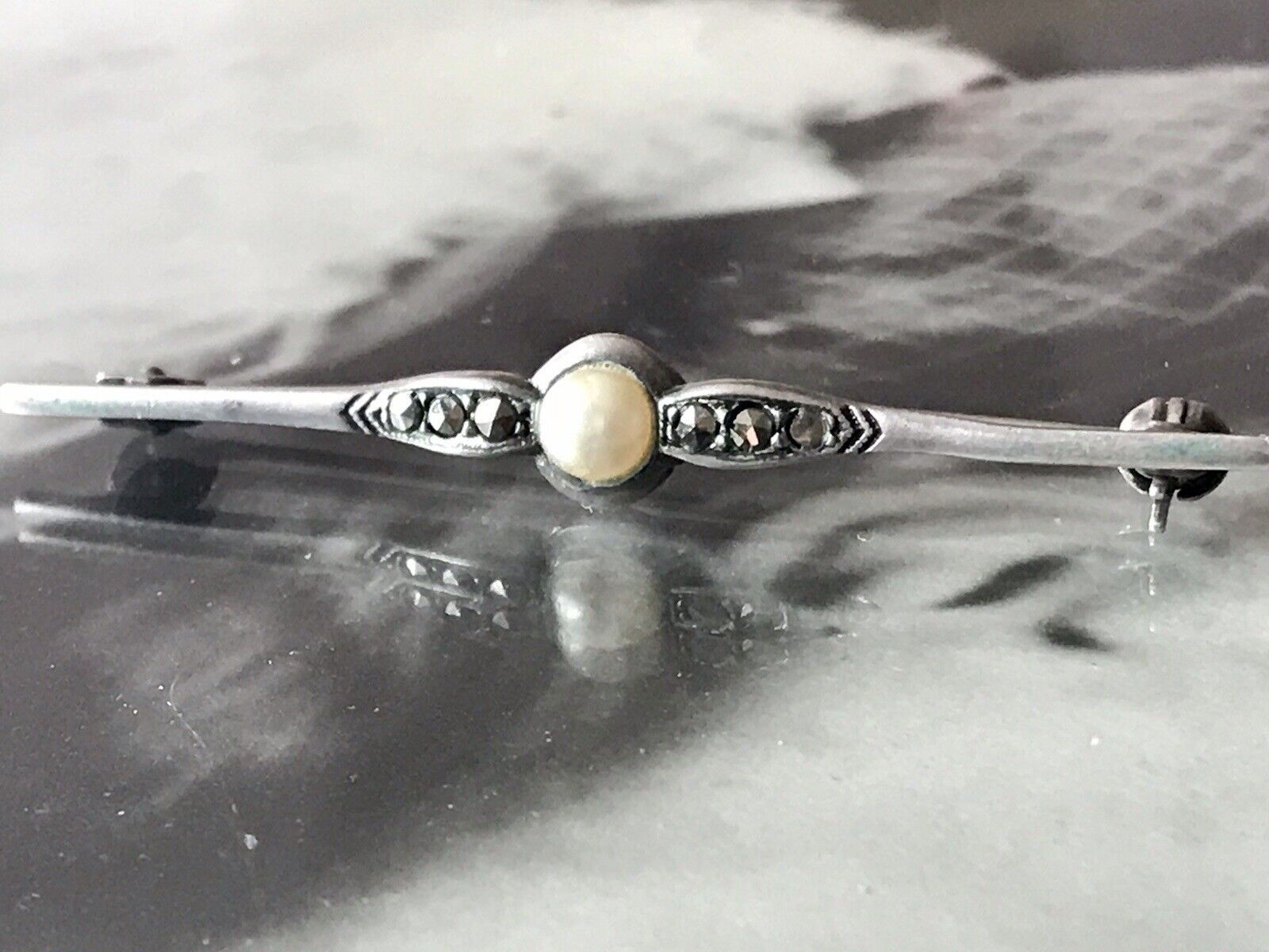 Antik Art Déco Edel Stabbrosche 835 Silber Brosche Markasiten Perle So Schön!