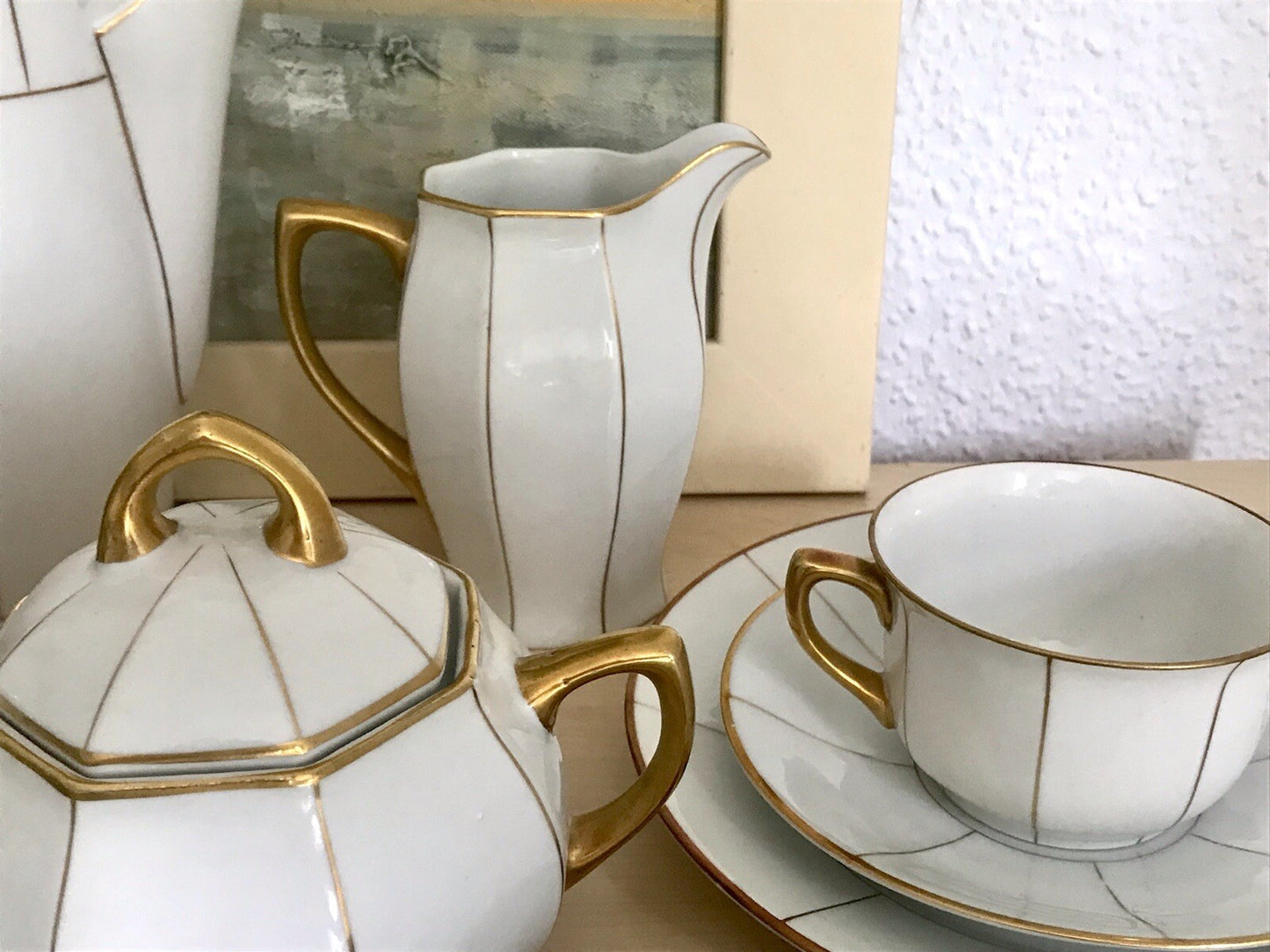 Antik Art Déco Porzellan 10+ Personen Kaffeeservice EDEL weiß Golddekor kantig