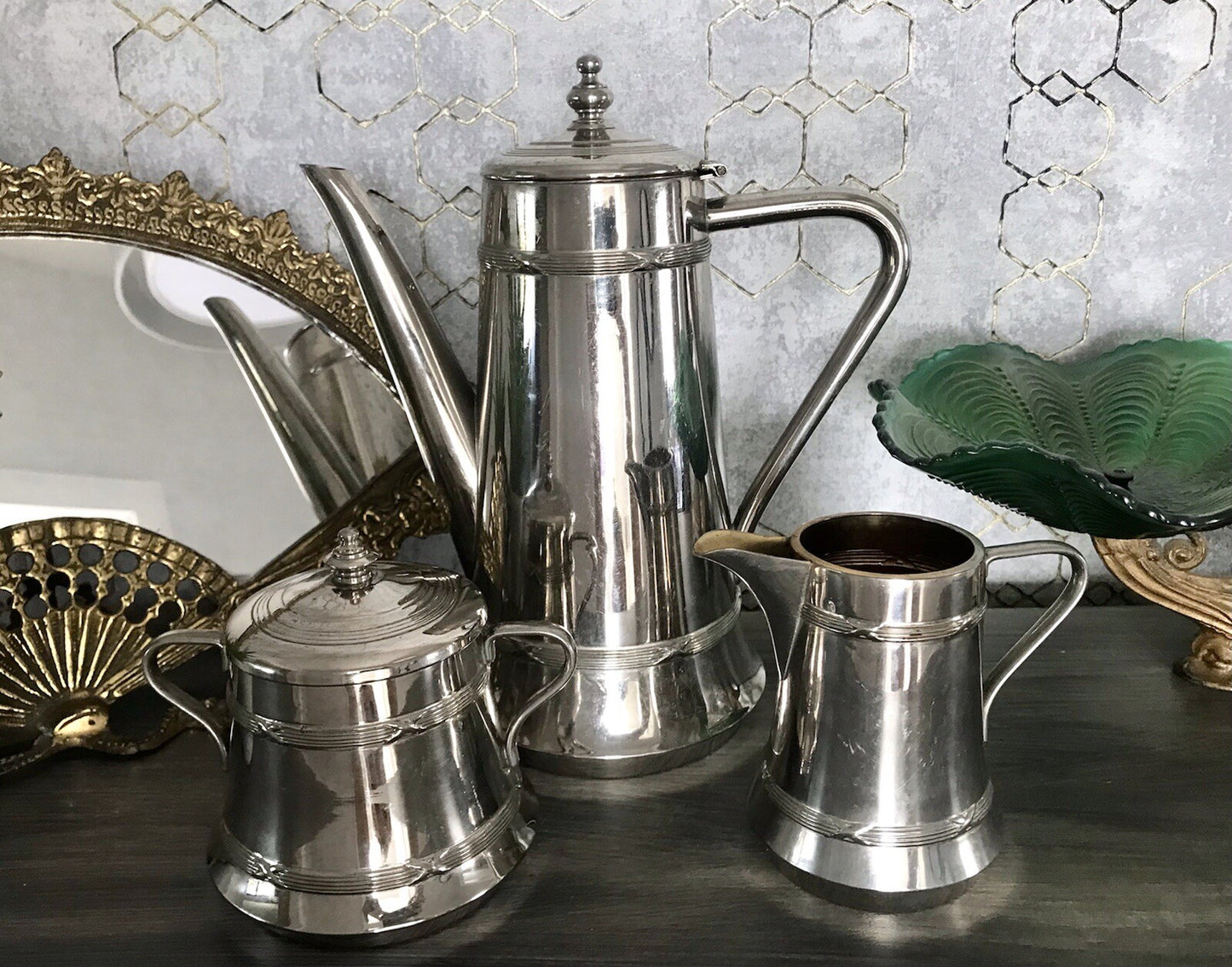 Antik Jugendstil Kaffee Kernstück Zuckerdose Rahmgießer Kanne vernickelt?
