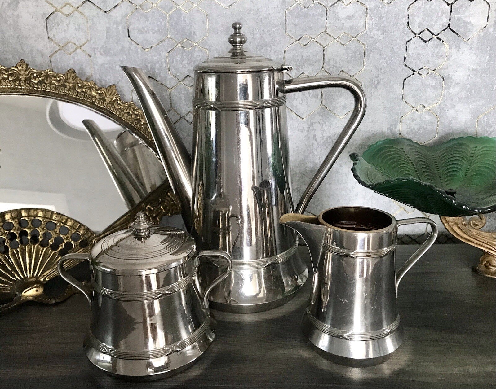 Antik Jugendstil Kaffee Kernstück Zuckerdose Rahmgießer Kanne vernickelt?