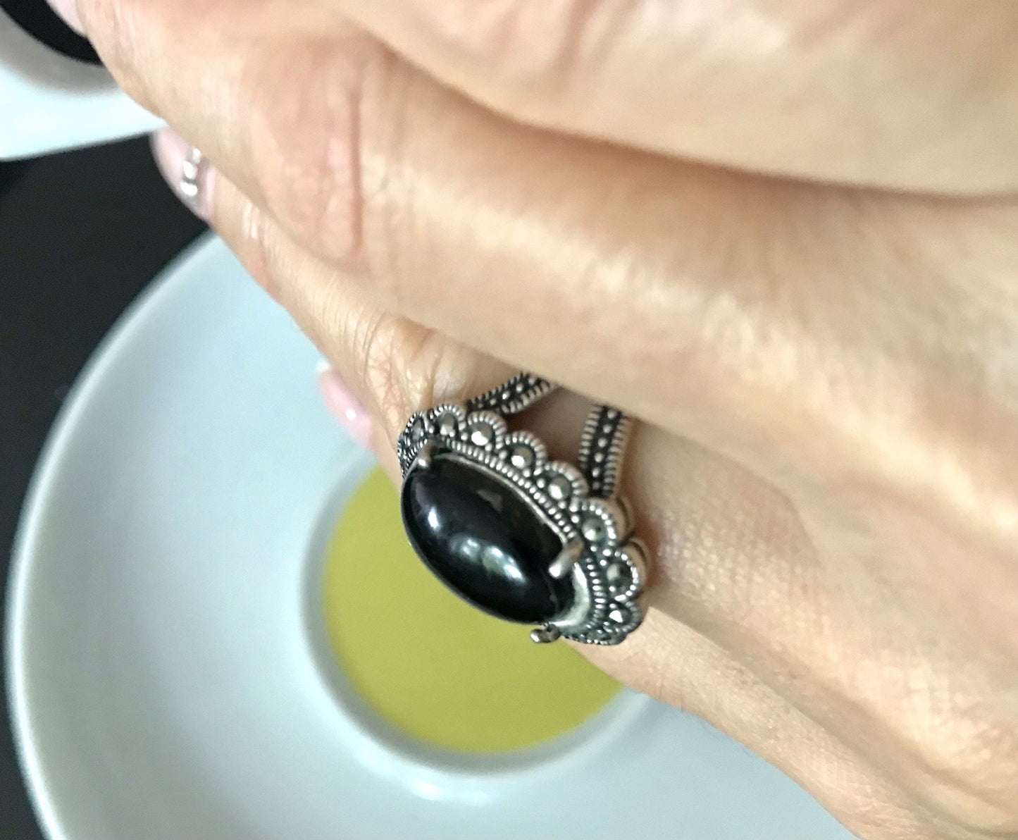 Antik? alt Art Déco Edel Onyx Markasite DAMEN RING Silber 925 Gr.57 18,1