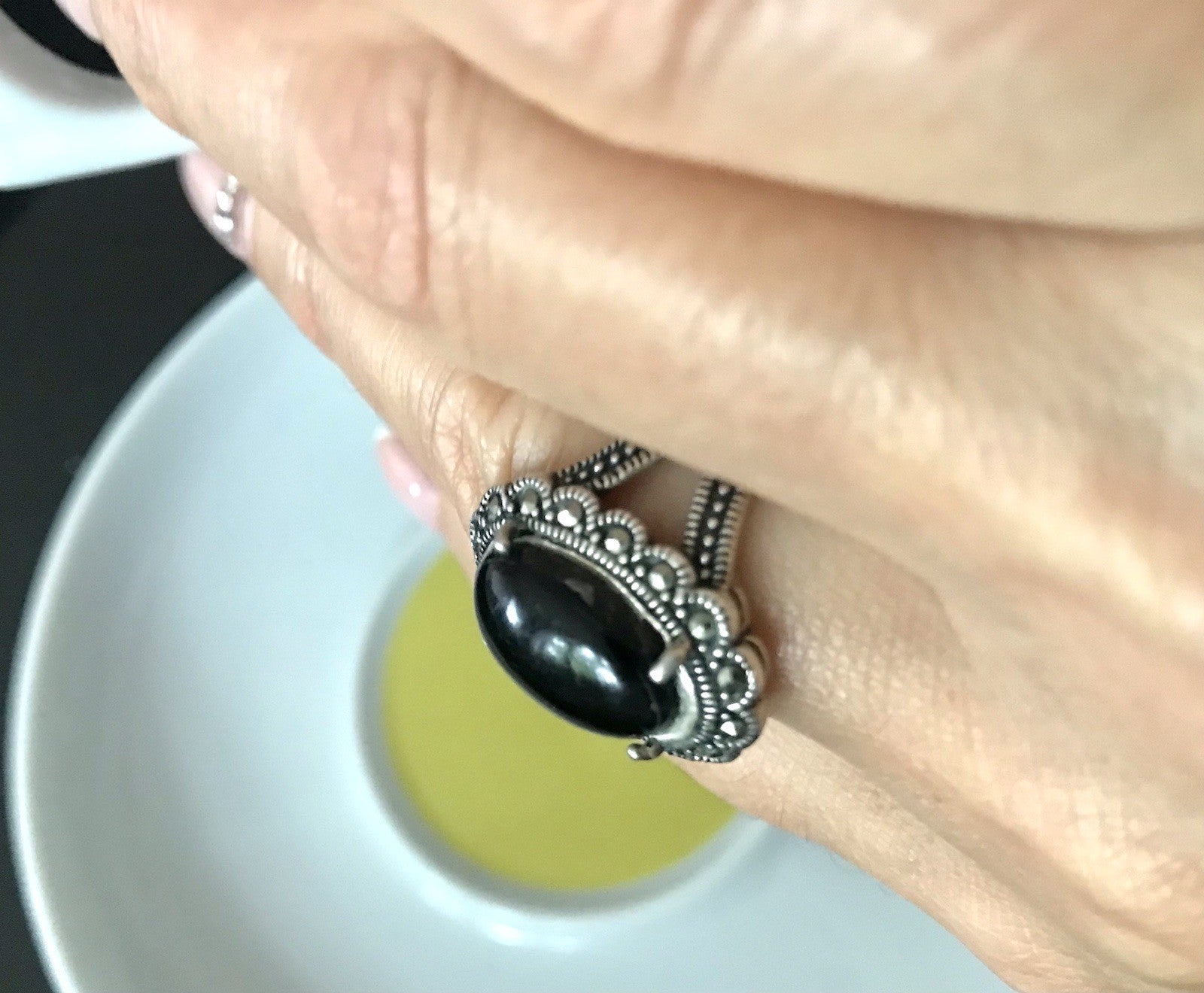 Antik? alt Art Déco Edel Onyx Markasite DAMEN RING Silber 925 Gr.57 18,1