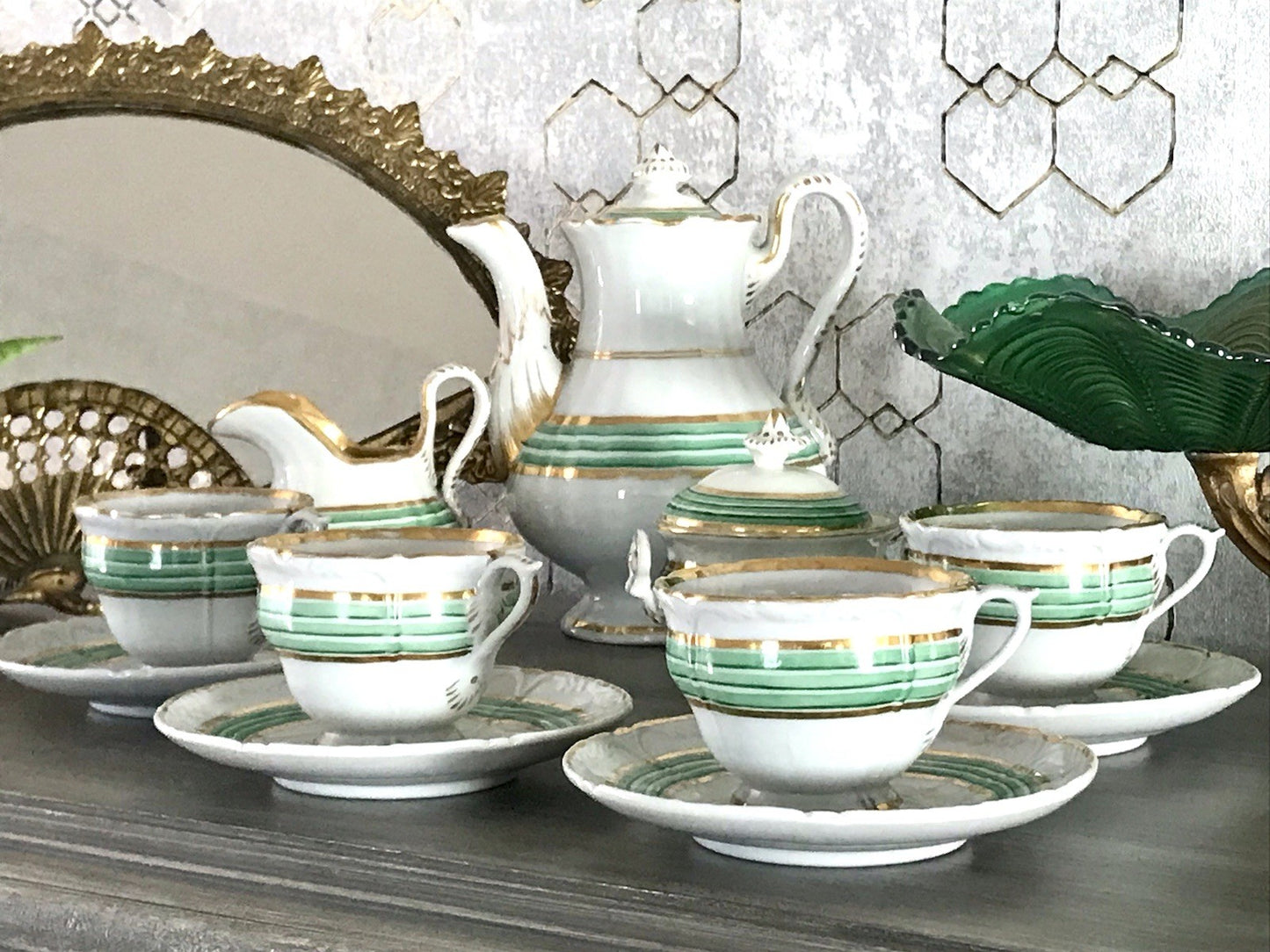 Antik Historismus Porzellan Kaffeeservice Mokkaservice weiß grün Schumann Moabit