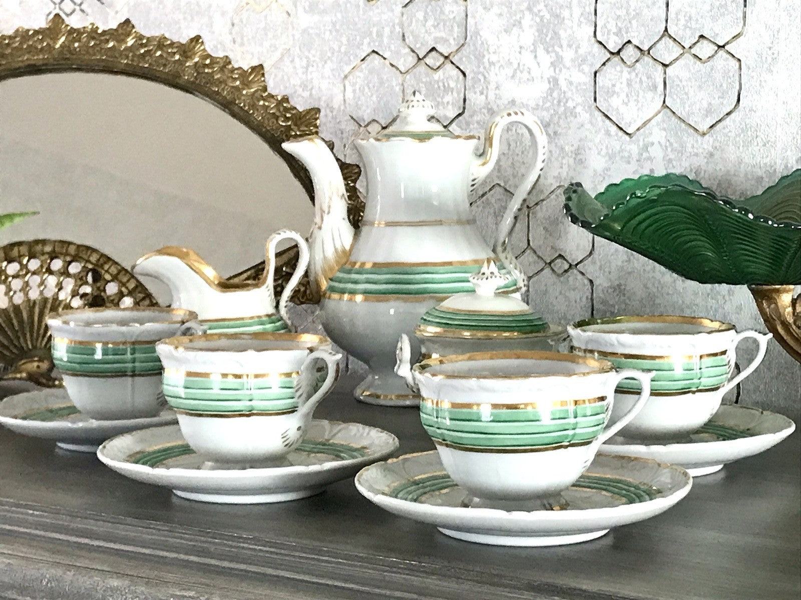 Antik Historismus Porzellan Kaffeeservice Mokkaservice weiß grün Schumann Moabit