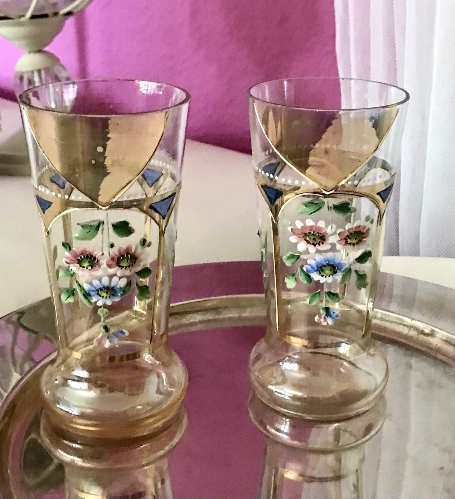 Antik Jugendstil Emaile -Malerei Glas Fußbecher Becher Pokal Bierglas irisierend