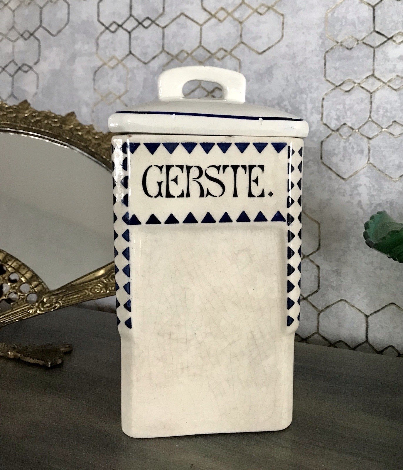 Antik Jugendstil Vorratsgefäß Gerste Gefäß Vorratsdose Porzellan creme blau