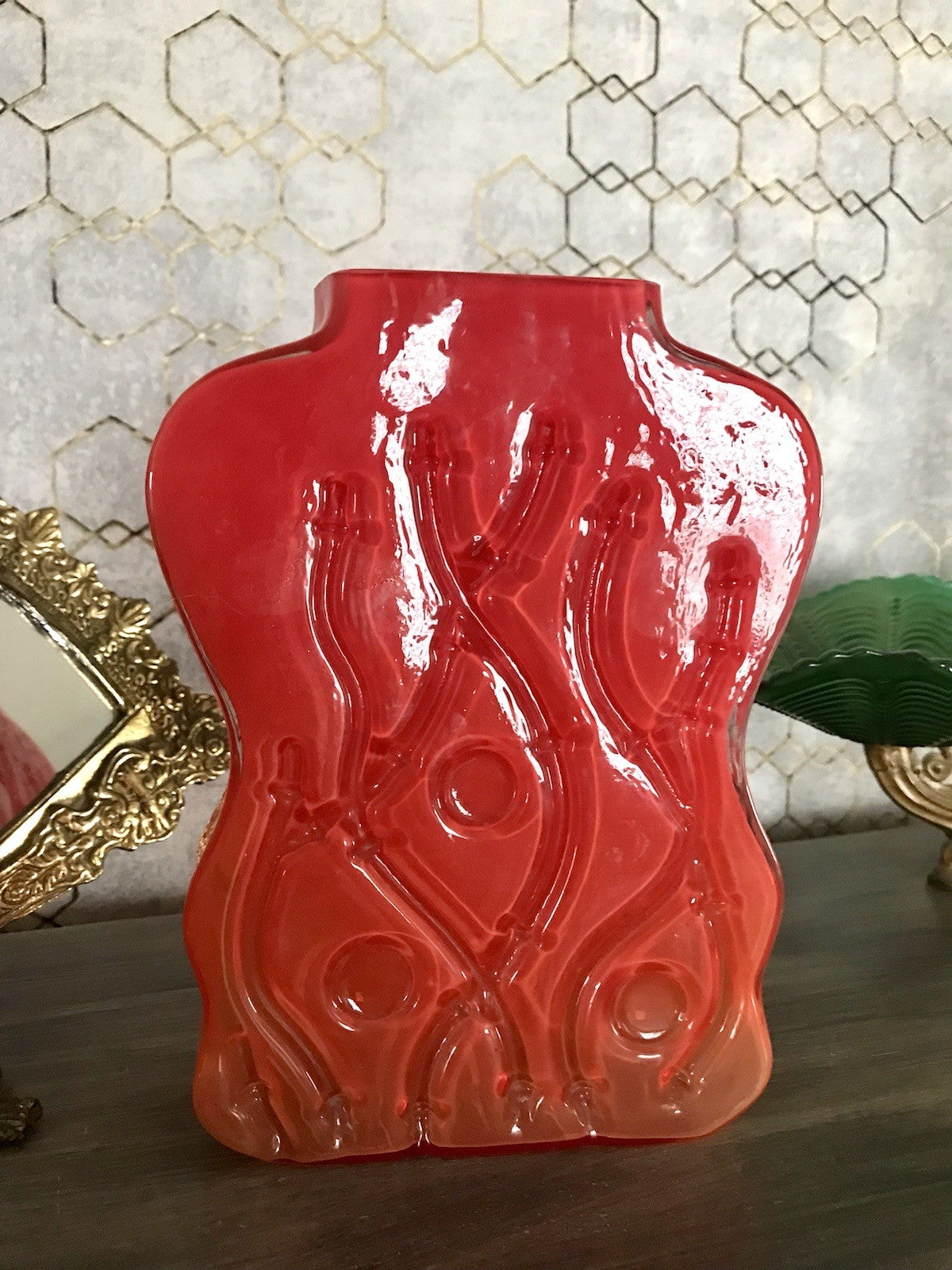 Vintage 70er Design Glasvase Glas Rot Orange Vase Pop Art Hirschberg