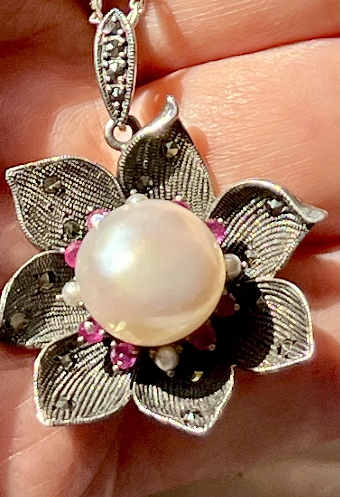 GROß rund Kettenanhänger Anhänger 925 Silber Perle Rubine Markasite Orchidee