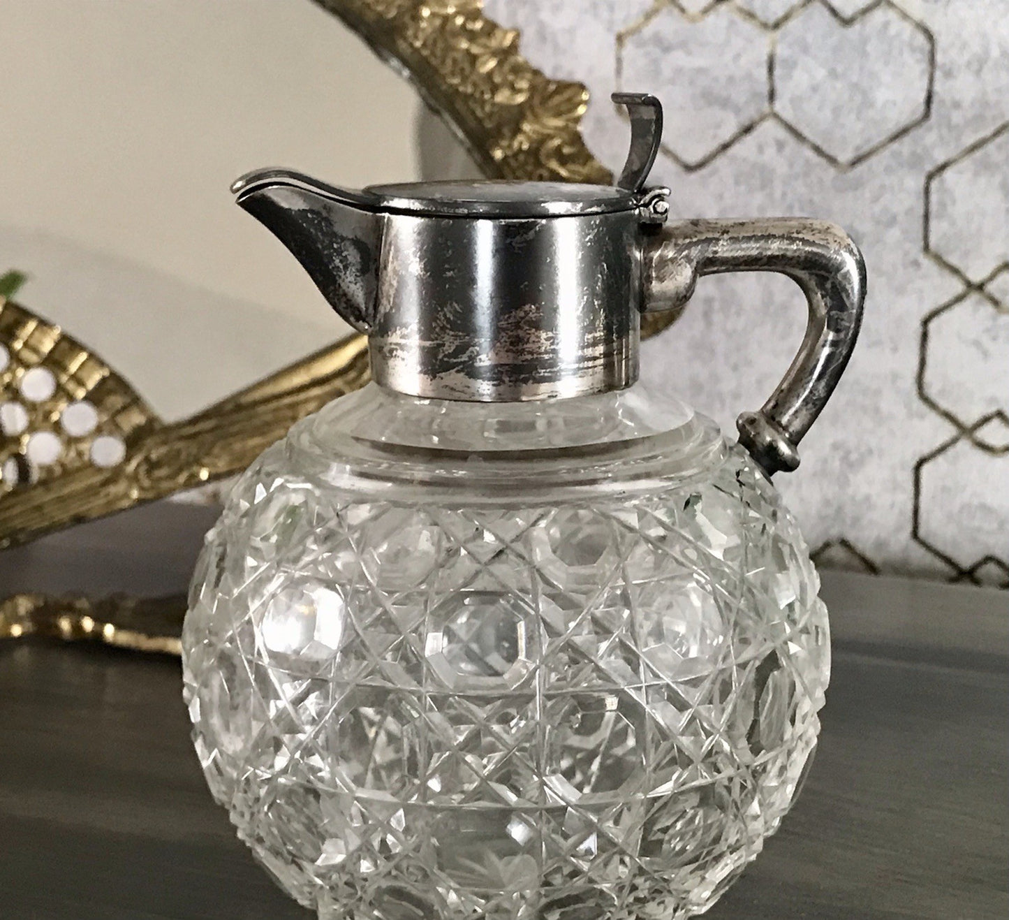 Antik EDEL Schliff Karaffe Kännchen Silber 800 Kristall Glaseinsatz Jugendstil