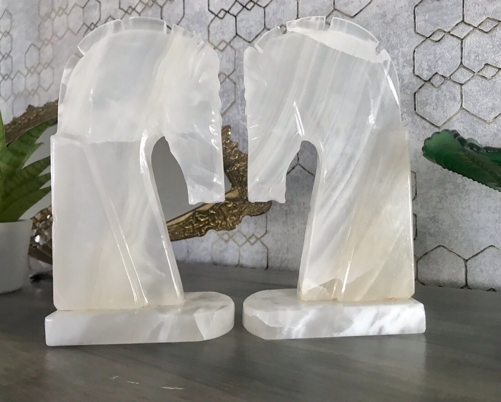Vintage Alabaster 2 Buchstützen  weißer Onyx wundervoll! 60er 70er