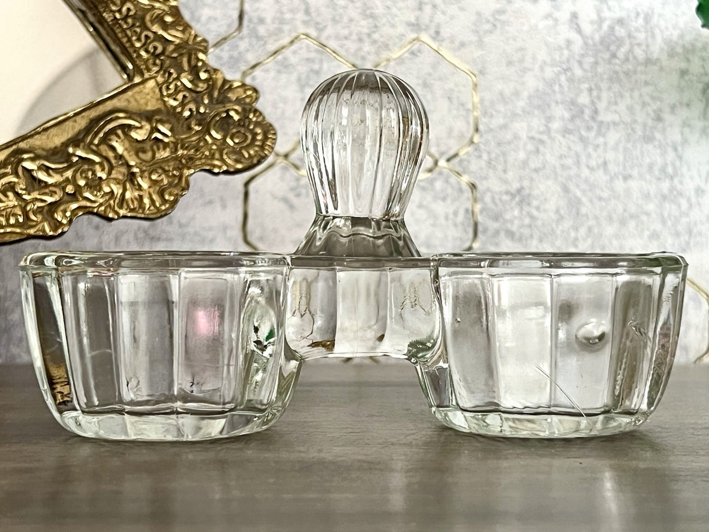 Antik Art Déco Pressglas Salz & Pfeffer Menage Saliere Gewürzständer Glas