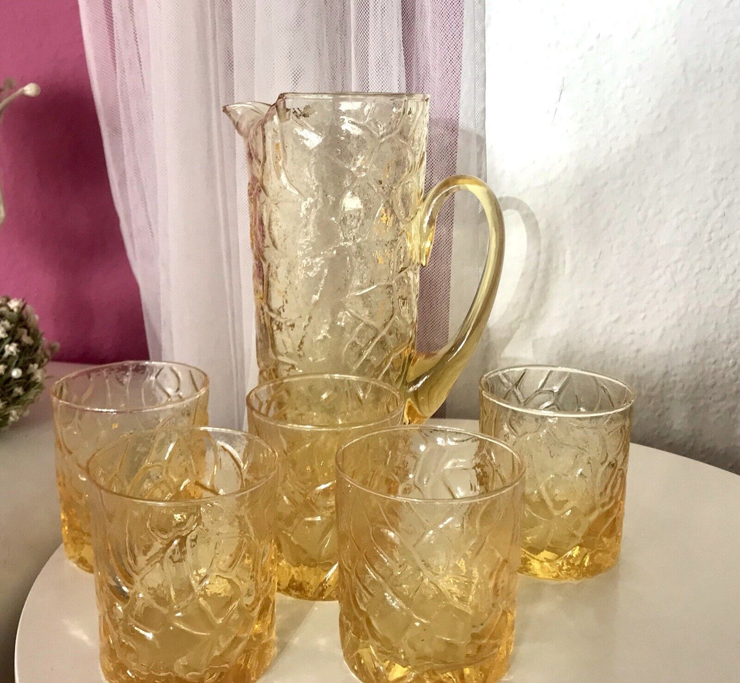 Vintage Designer 60er 70er Krug Kanne Karaffe 5 Becher gelb Glas Reptil Struktur