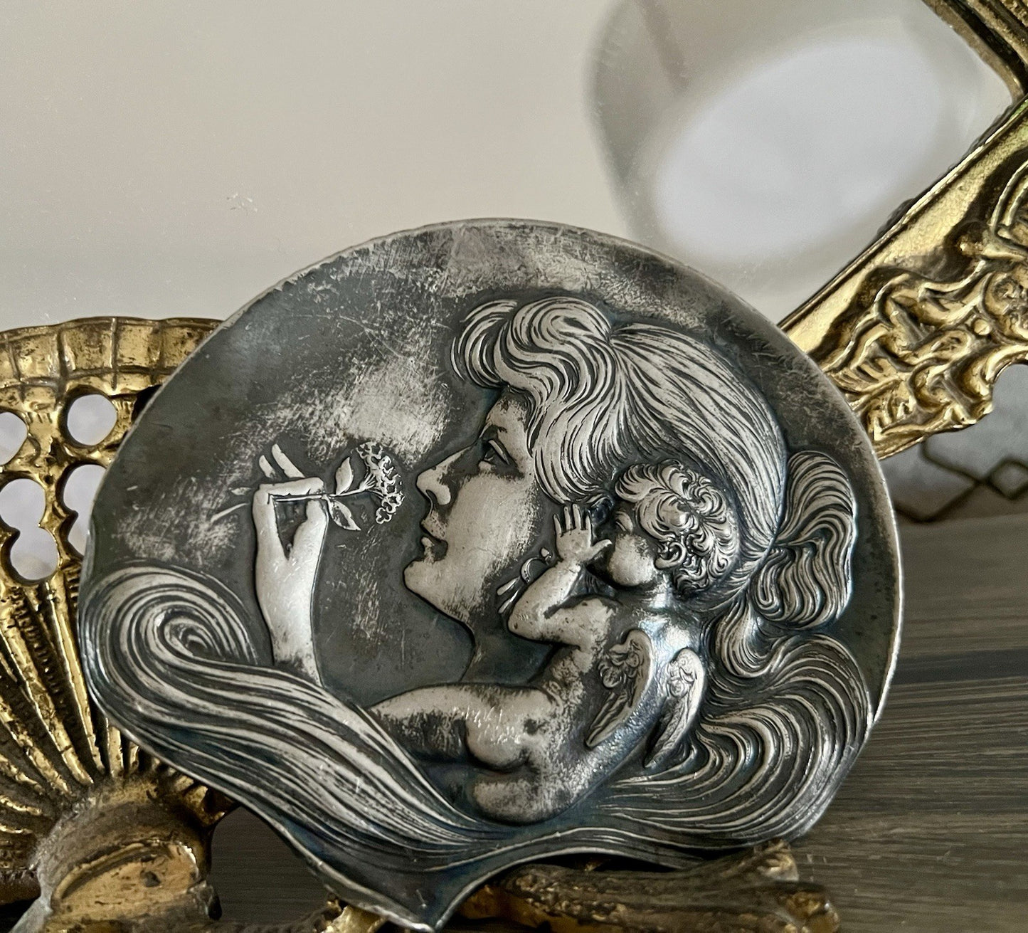 Antik versilbert WMF Schale Schmuckschale Jugendstil ~1900 Motiv: Elfe mur Putto