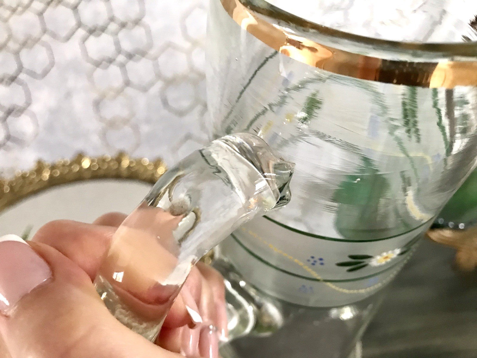 Antik Jugendstil große Karaffe Krug Schankkrug Emaile Golddekor Kanne