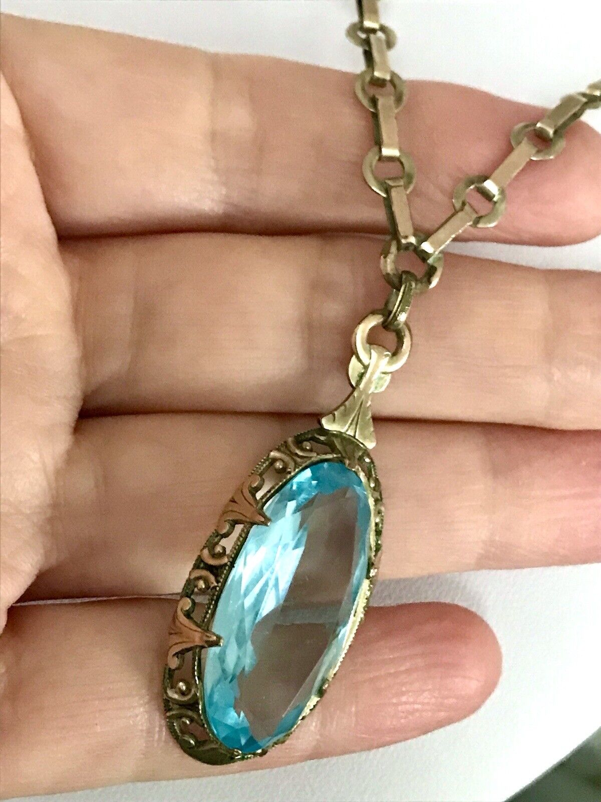 Antik Jugendstil Collier Halskette blauer Stein Anhänger Amerik. Doublè  A. Daub