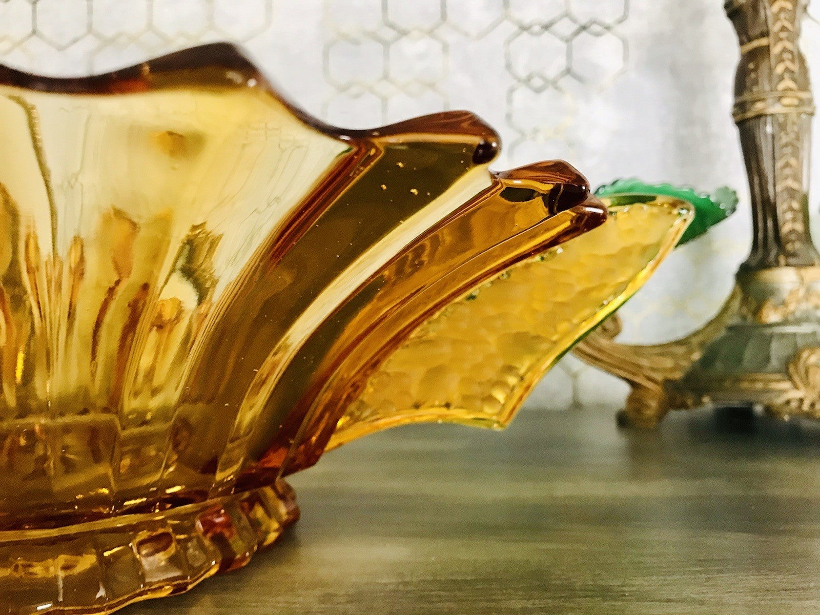 Antik Art Déco gelb Pressglas Schale Glas Brockwitz Prismen Fruchtschale 1941