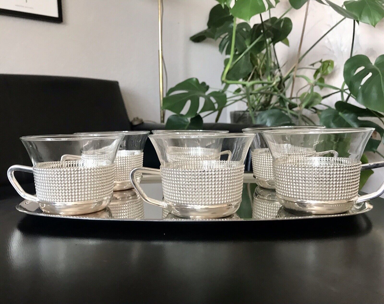 Vintage 60er 6x Teeglashalter Teeservice Glaseinsätzen & Tablett versilbert 60er