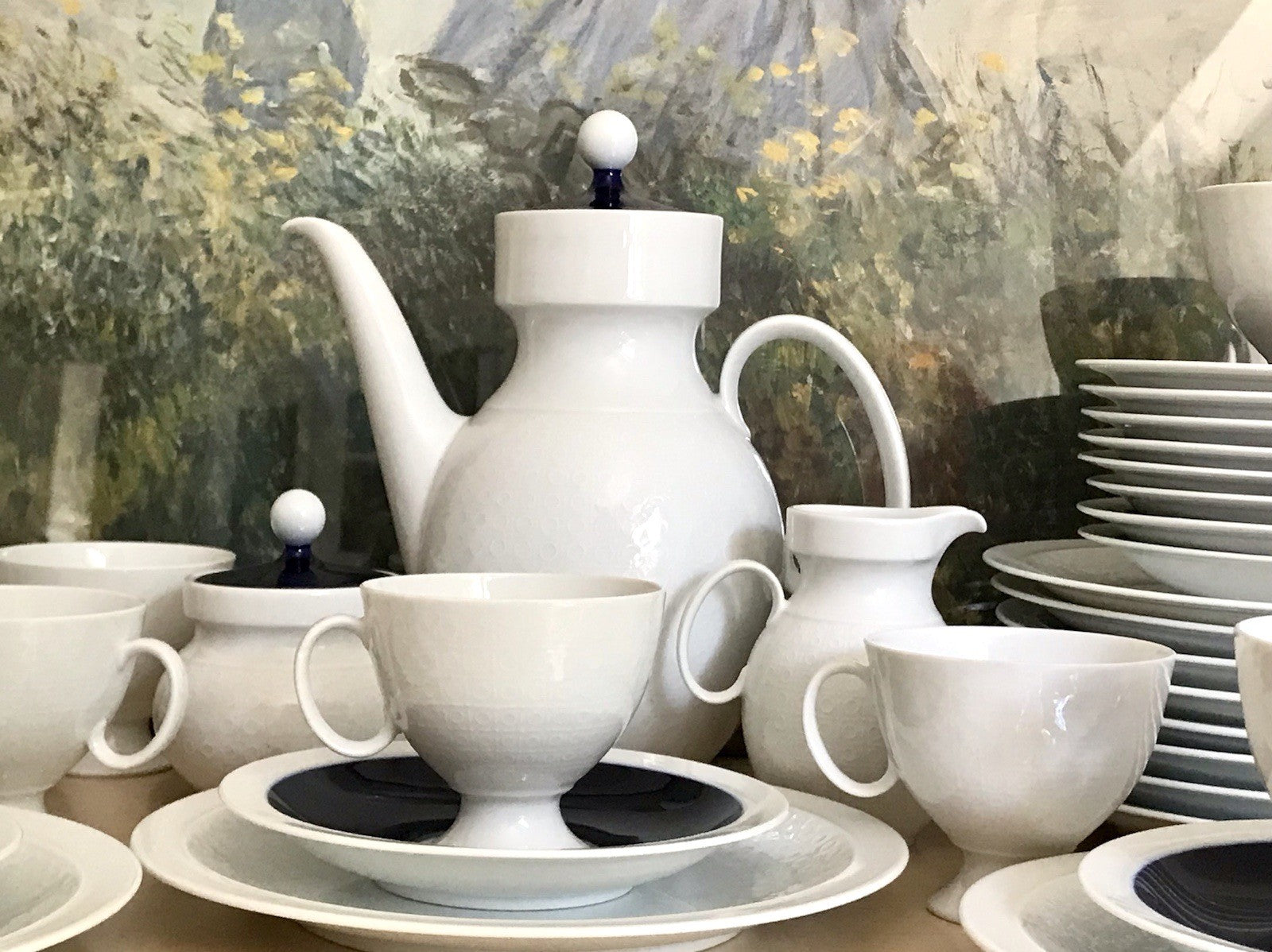 Ak Kaiser Porzellan Kaffeeservice 12 Personen Design weiß kobaltblau mit Relief