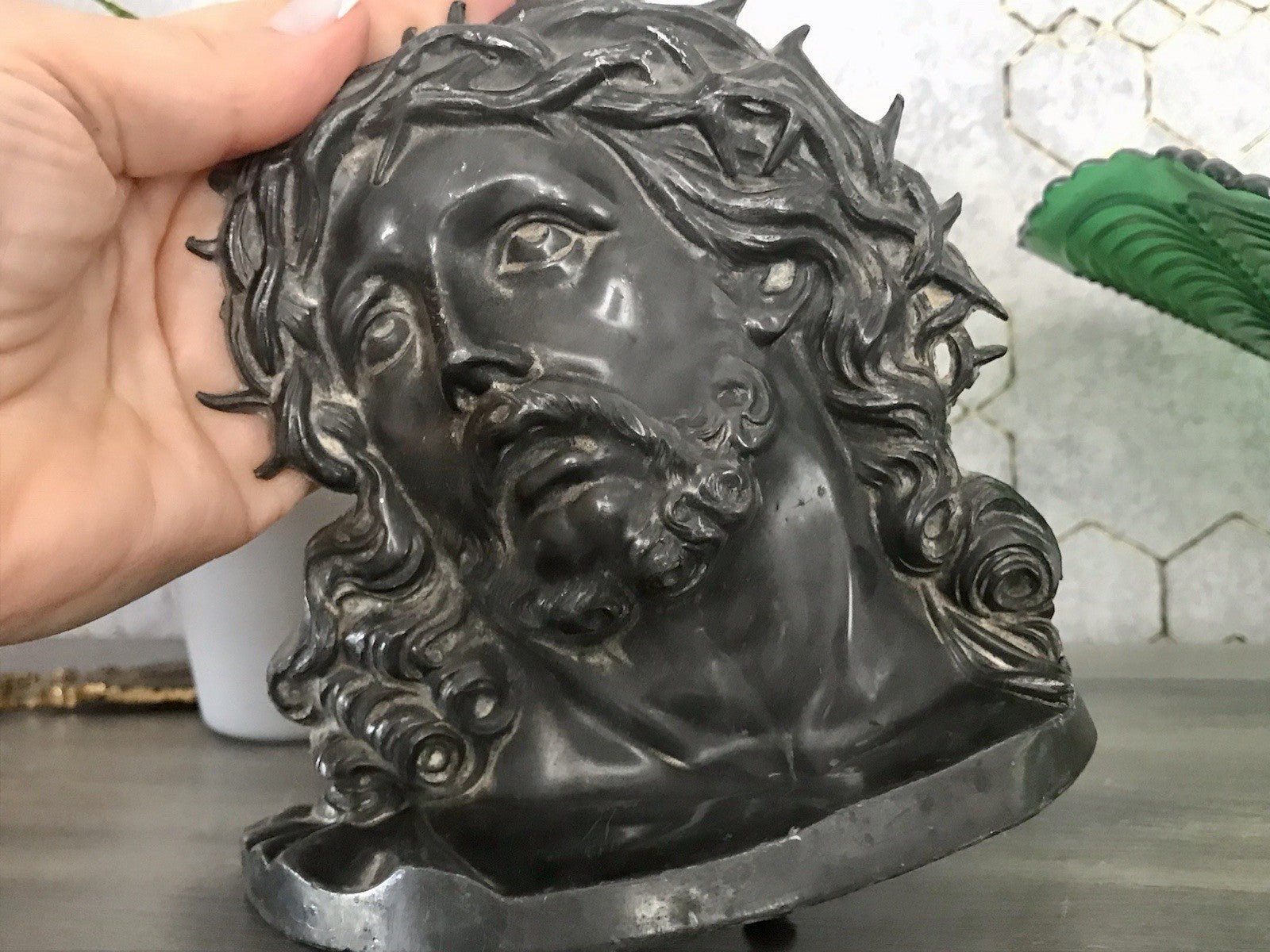 Antik Zinn? Relief Jesus Büste Dornkrone Figur Guss?  schön