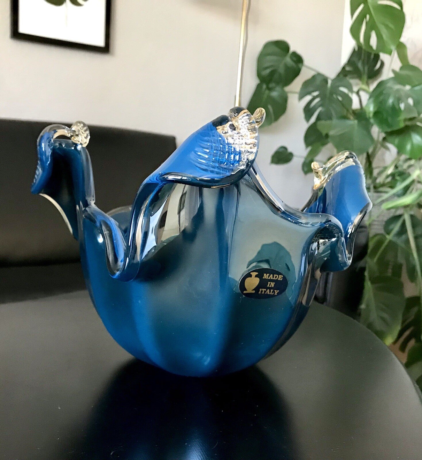 Vintage Murano Schale Vase Glas Petrol Blau metallic irisierend Edel Aufkleber