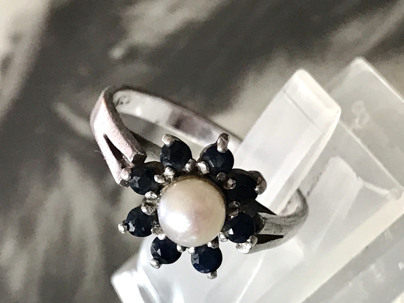 Antik? Vintage Art Déco Damen Ring Perle Spinell ? Saphir? Silber 925 Gr.57 18,1
