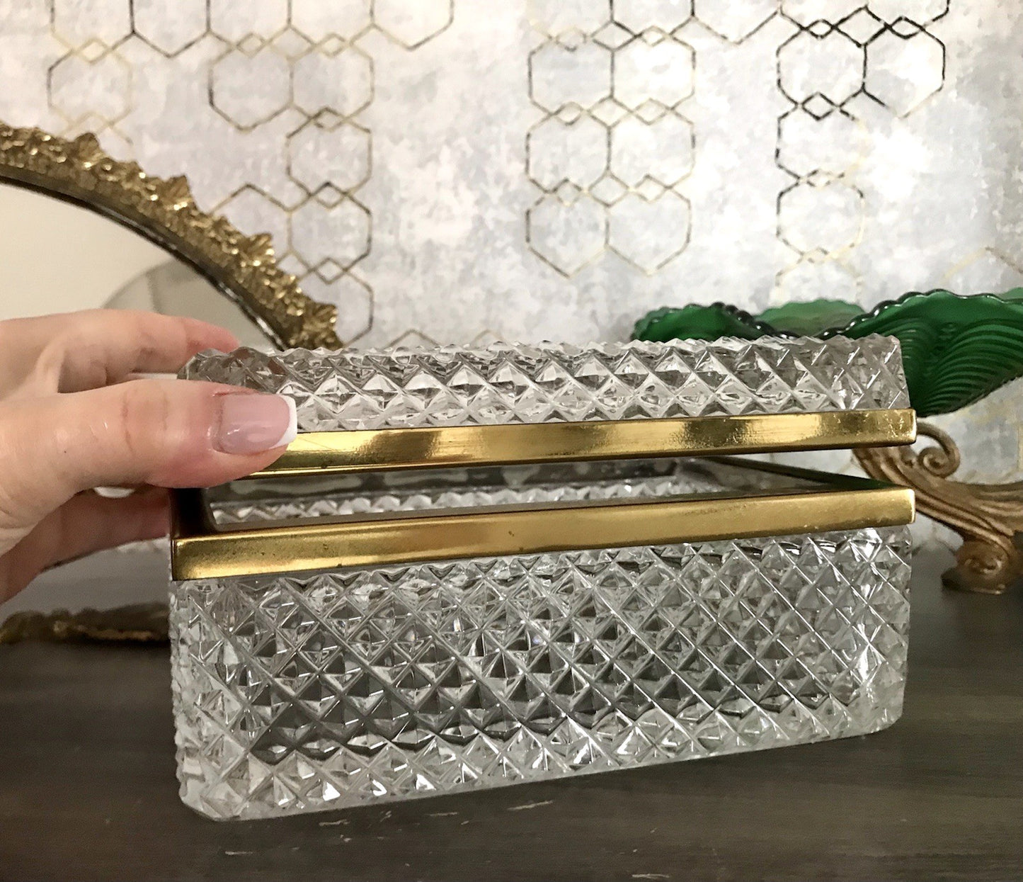 Antik Art Dèco Vintage EDEL Schatulle Deckeldose Bleikristall groß Messingrahmen