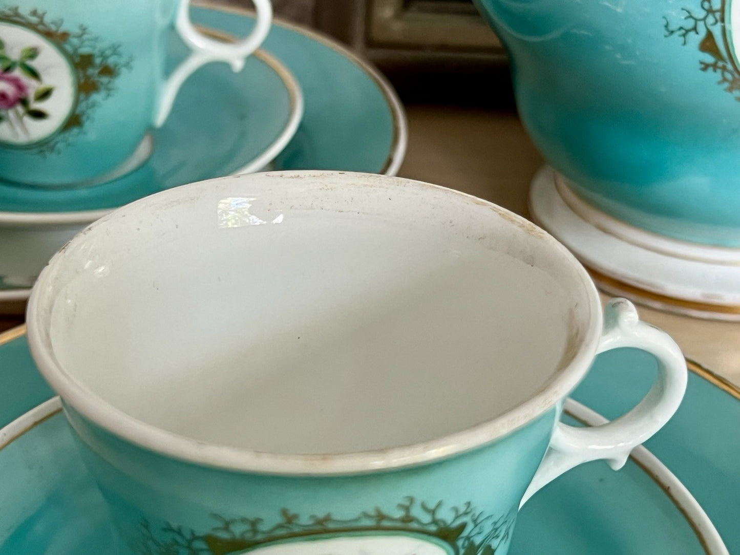Antik 1870-1900 Porzellan Kaffeeservice 6 Pers. Carl Tielsch Altwasser türkis