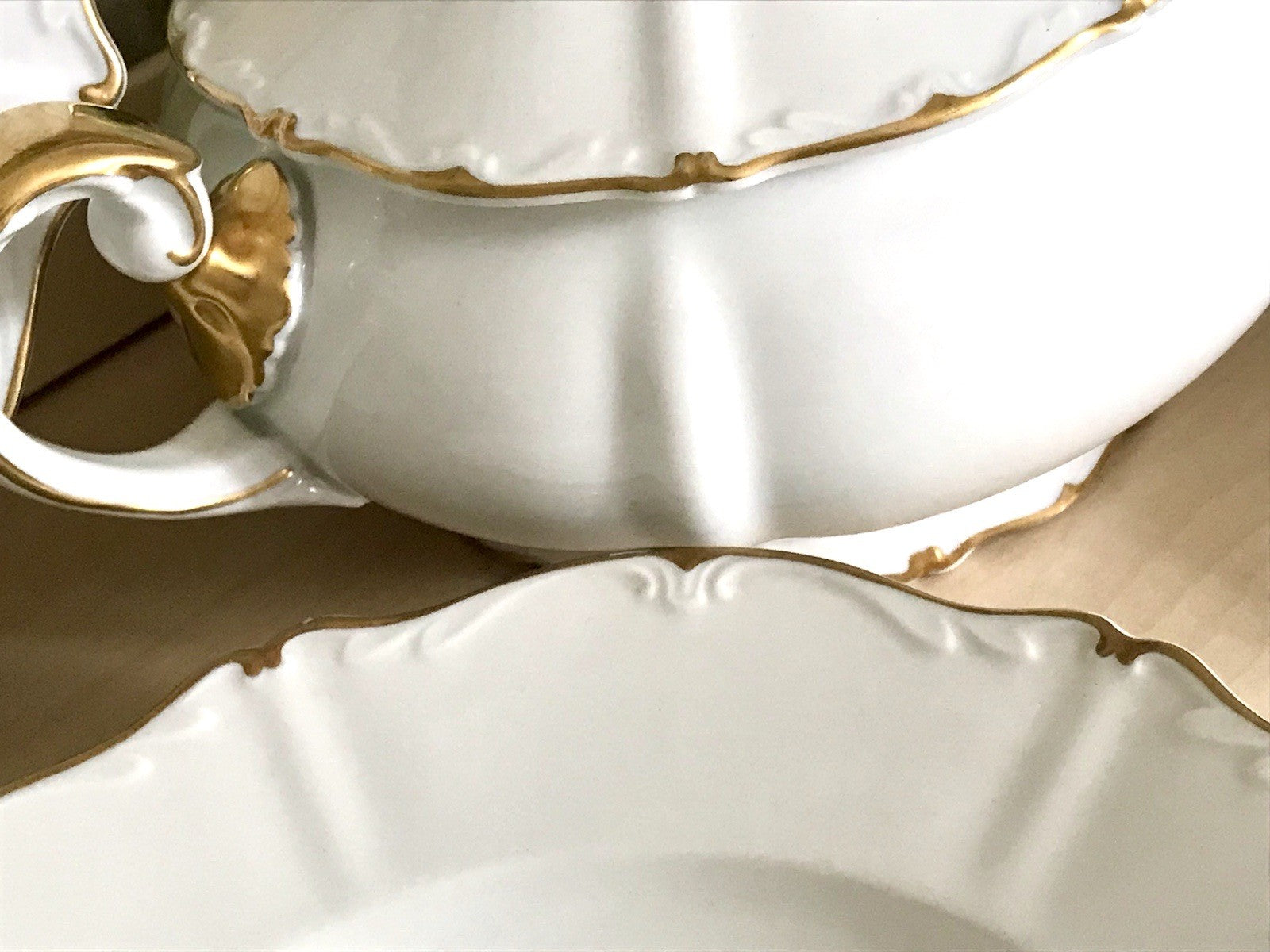 Antik Art Déco Porzellan Tafelservice Carstens Sorau weiß goldene Ranke EDEL