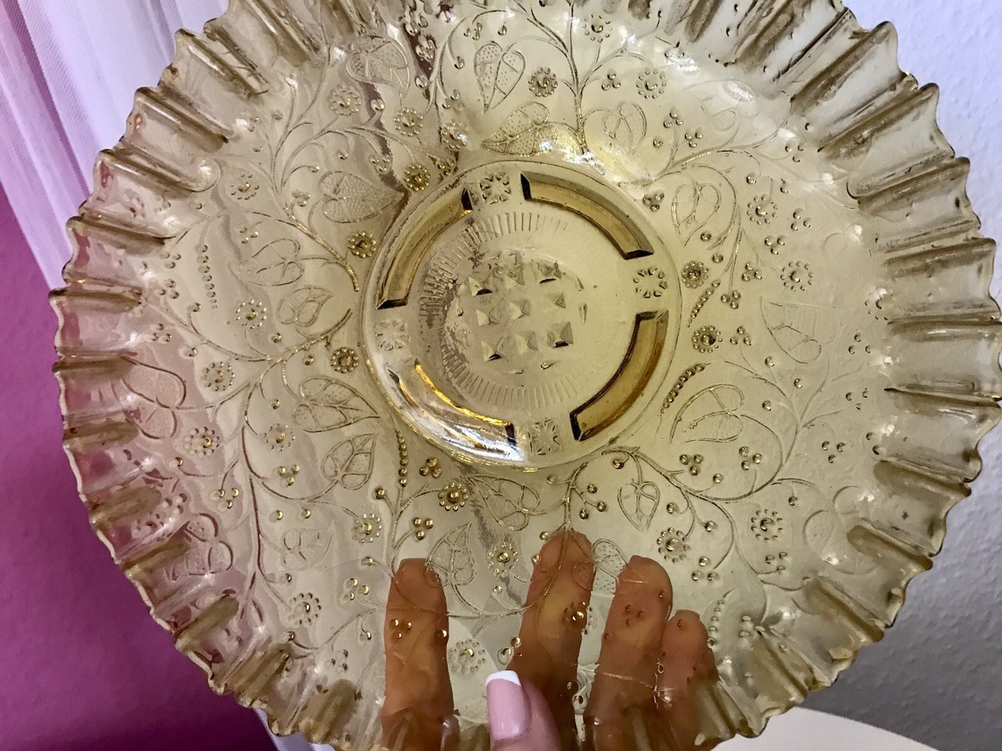 Antik Jugendstil Serviettenrand Pressglas Schale Glas Fenne Ewald Gelb Selten!