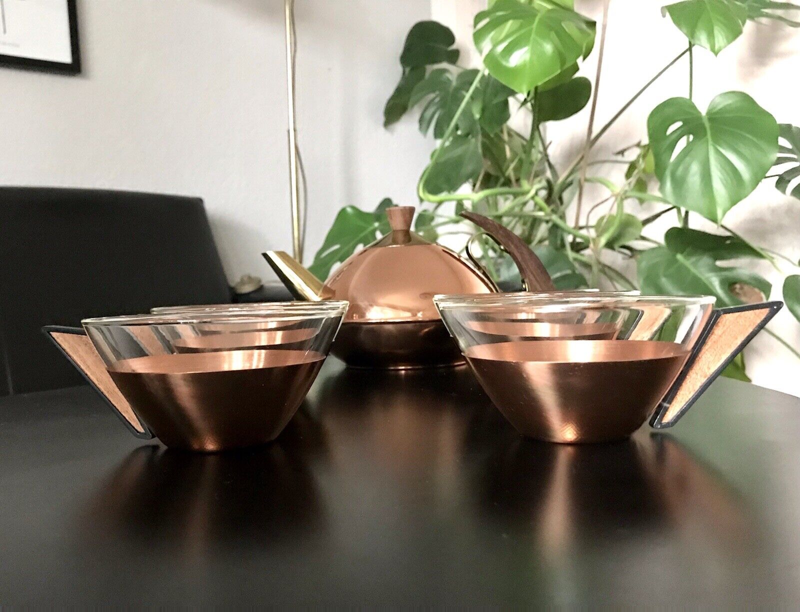 Vintage 60er 6x Teeglashalter mit Glaseinsätzen & Kanne Kupfer Teak