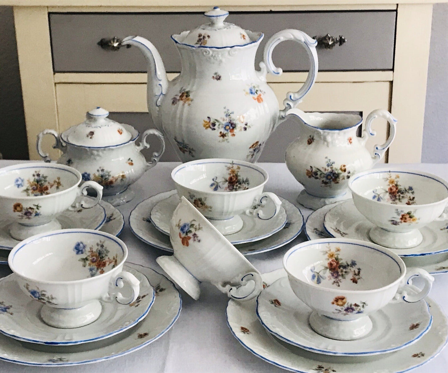 Antik spätes Art Déco Porzellan Kaffeeservice Stadtlengsfeld Rhön 1949-52
