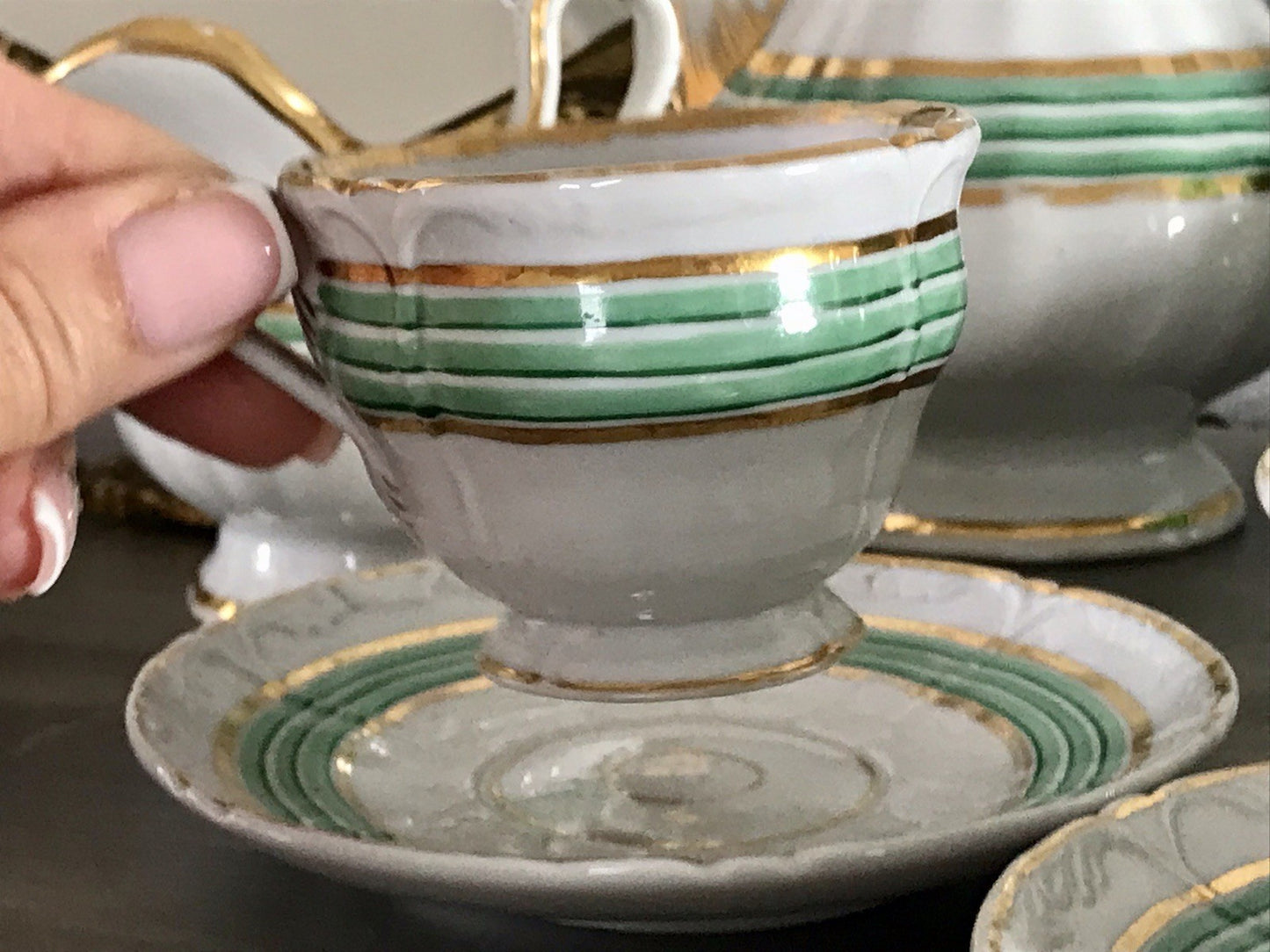 Antik Historismus Porzellan Kaffeeservice Mokkaservice weiß grün Schumann Moabit