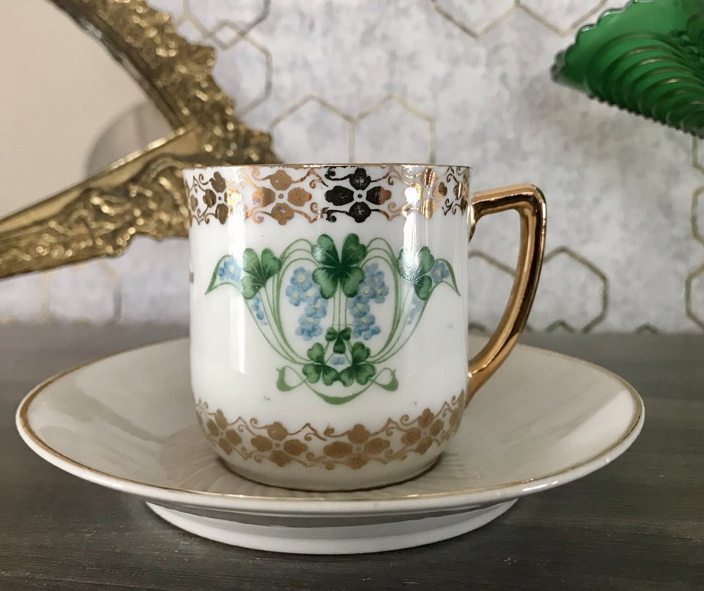 Antik Jugendstil Porzellan Andenken Gedeck Sammeltasse Tasse Geburtstag Spruch