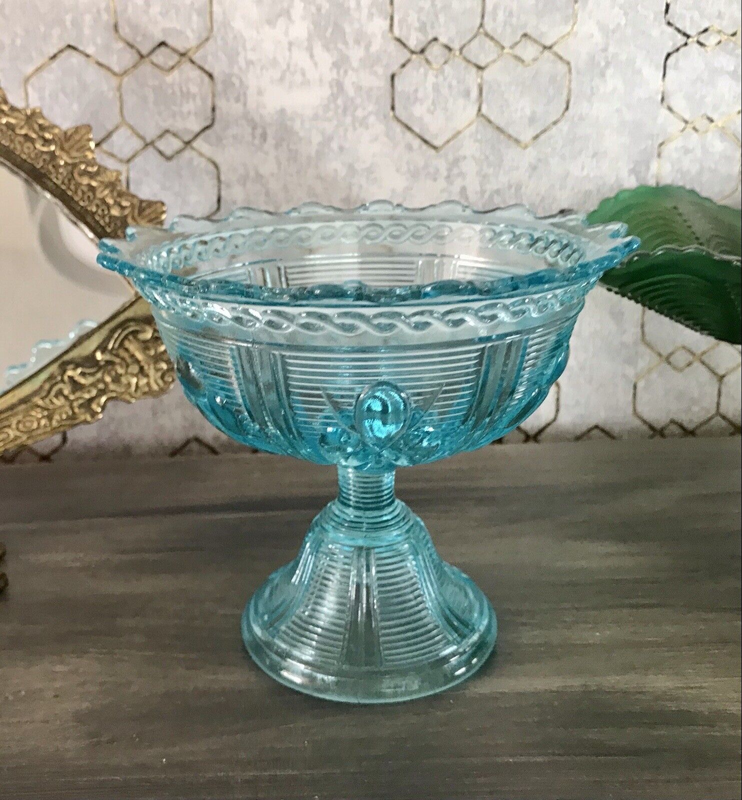 Antik Jugendstil Art Déco Pressglas Schale Fußschale Zuckerschale blau türkis