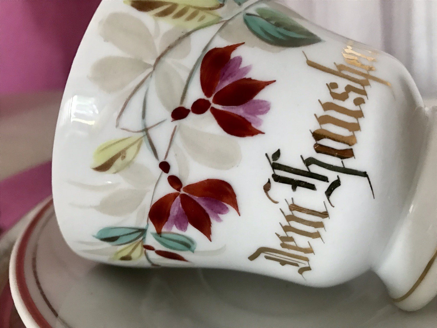 Antik Porzellan Andenken Becher Gedeck Sammeltasse Tasse „Dem Hausherrn“